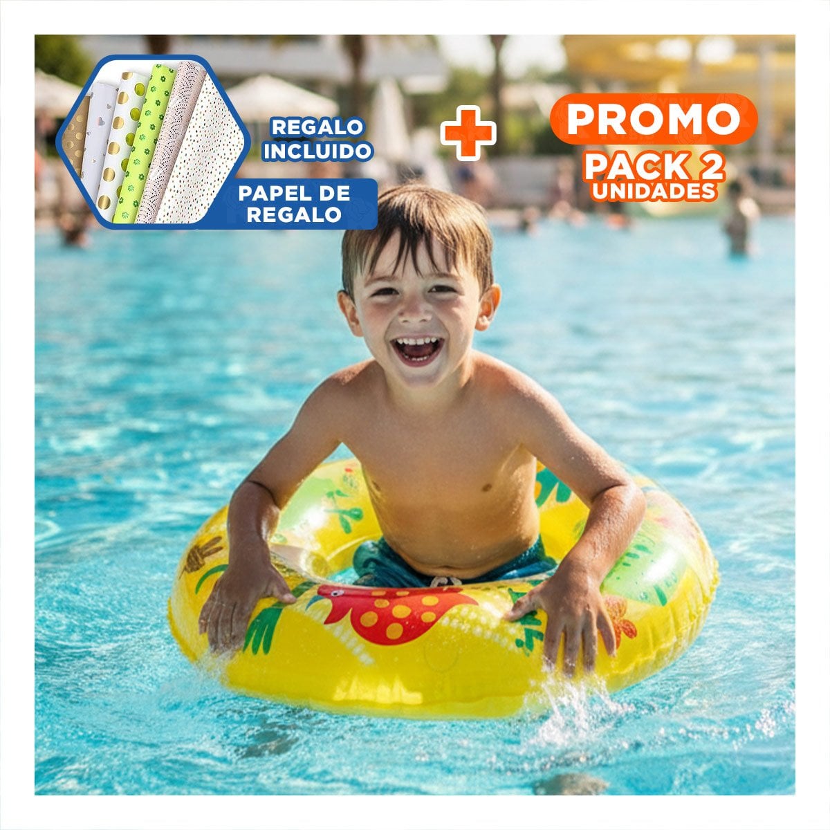PACK2 FLOTADOR CIRCULAR AMARILLO CON DIBUJOS DE DINOSAURIO PARA PISCINA EN CASA Y+PAPEL REGALO - 1