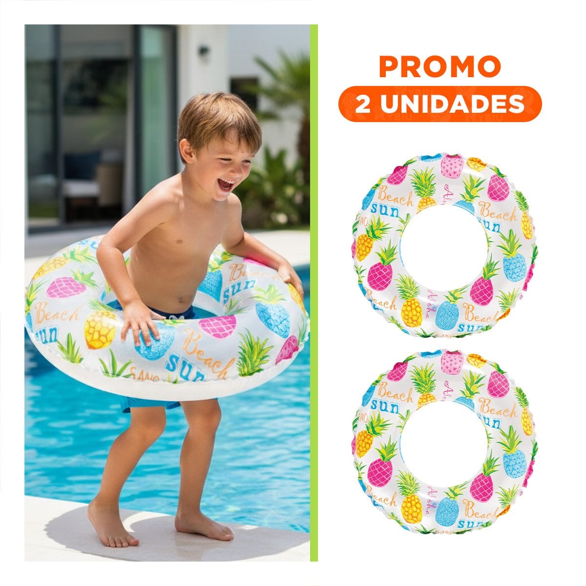 PACK2 RUEDA INFLABLE DE 61 CM CON DIBUJOS DE PIÑA PARA PISCINA - 1