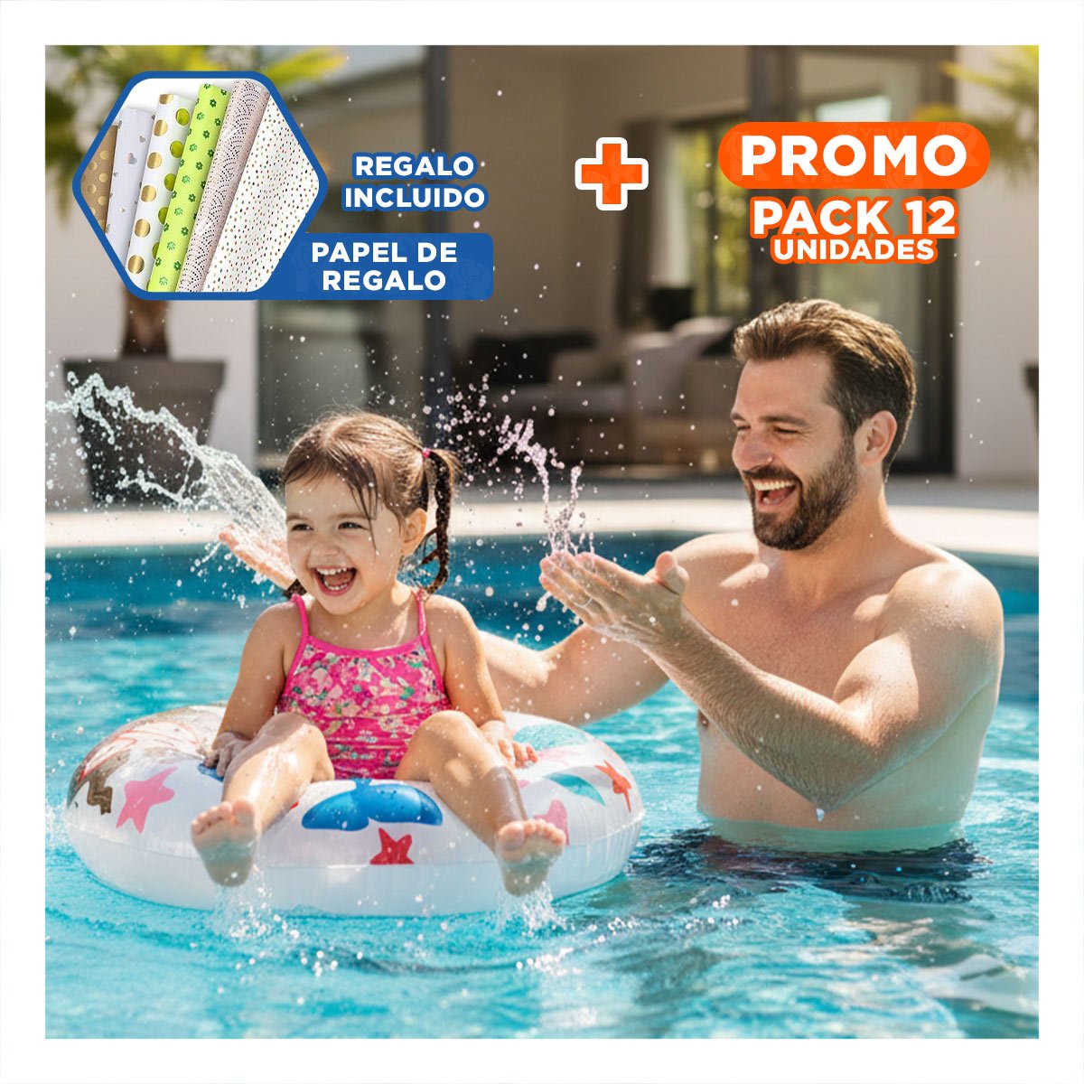 PACK12 RUEDA INFLABLE BLANCA DE 61 CM CON ESTAMPADO DE SIRENA PARA DIVERSION Y+PAPEL REGALO - 1