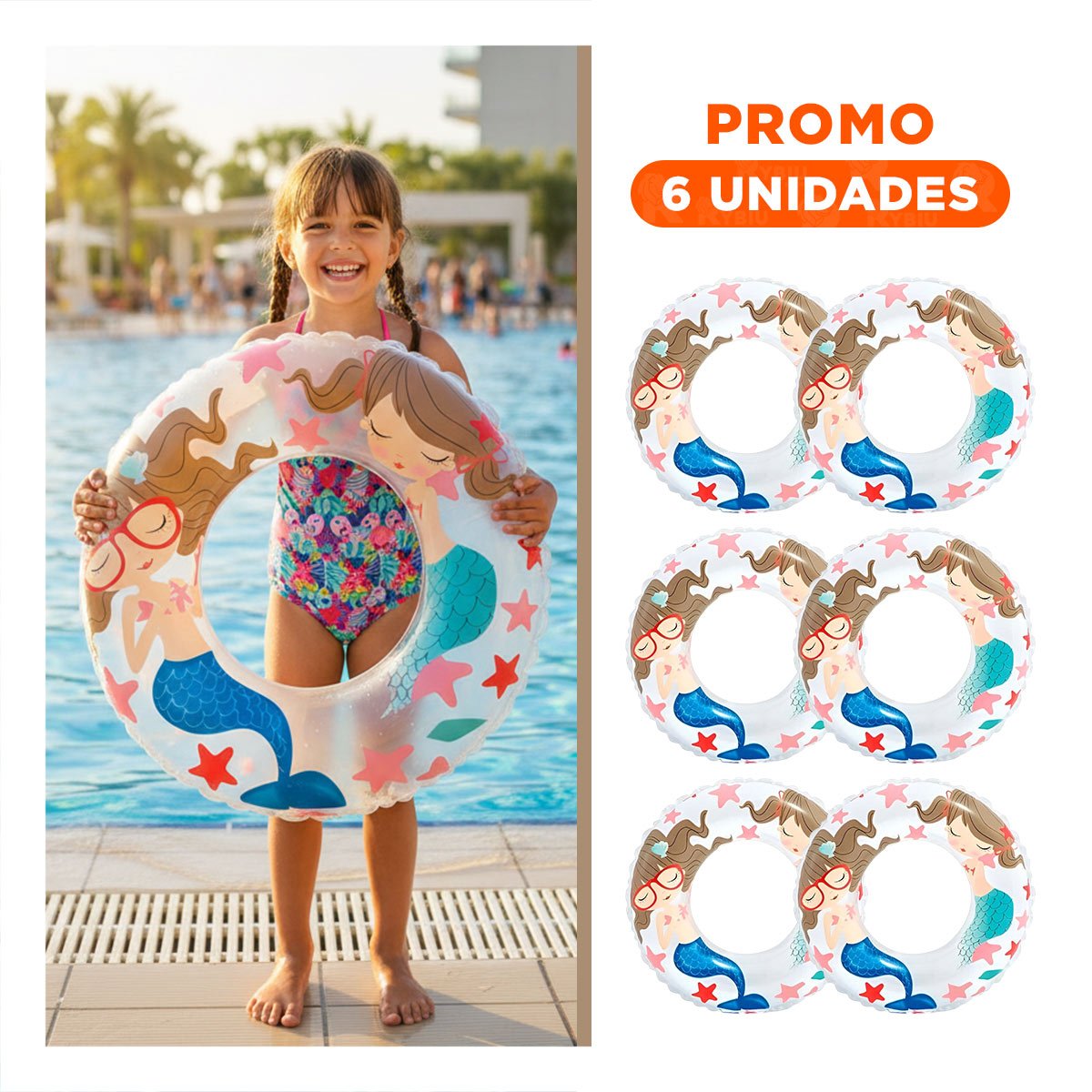 PACK4 RUEDA INFLABLE BLANCA DE 61 CM CON ILUSTRACIONES DE SIRENA PARA PISCINA Y+REGALO STICKER - 1