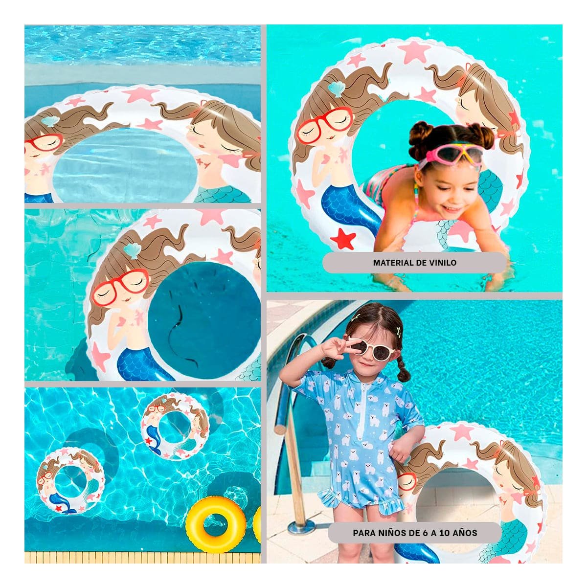 PACK4 RUEDA INFLABLE BLANCA DE 61 CM CON ILUSTRACIONES DE SIRENA PARA PISCINA Y+REGALO STICKER - 2
