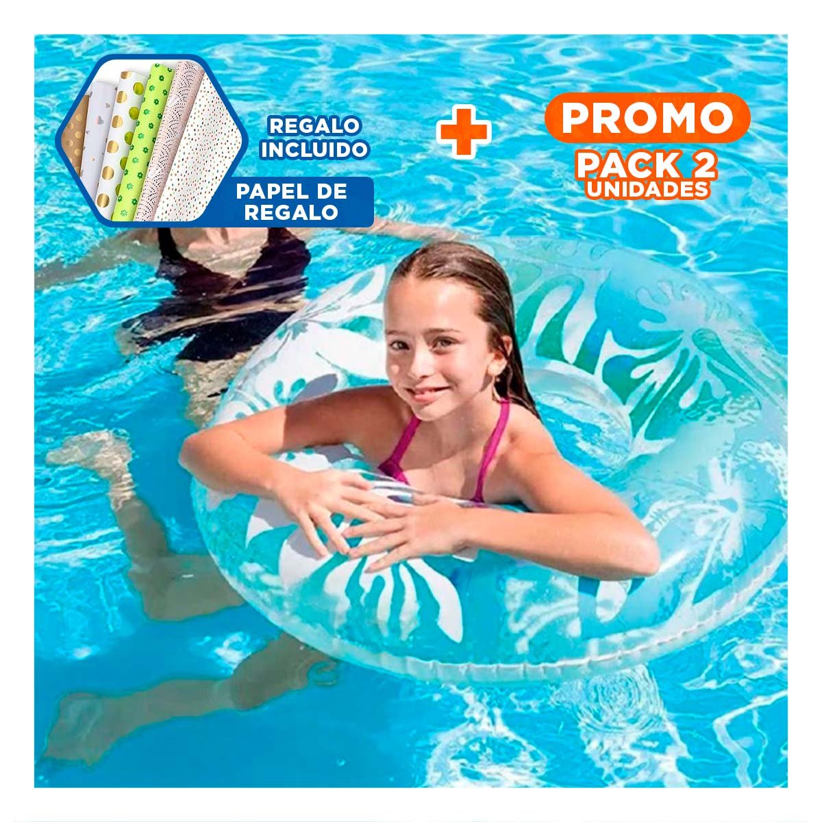 PACK2 FLOTADOR CIRCULAR CELESTE DE 91 CM CON ESTAMPADO DE ALGAS Y+PAPEL REGALO - 1
