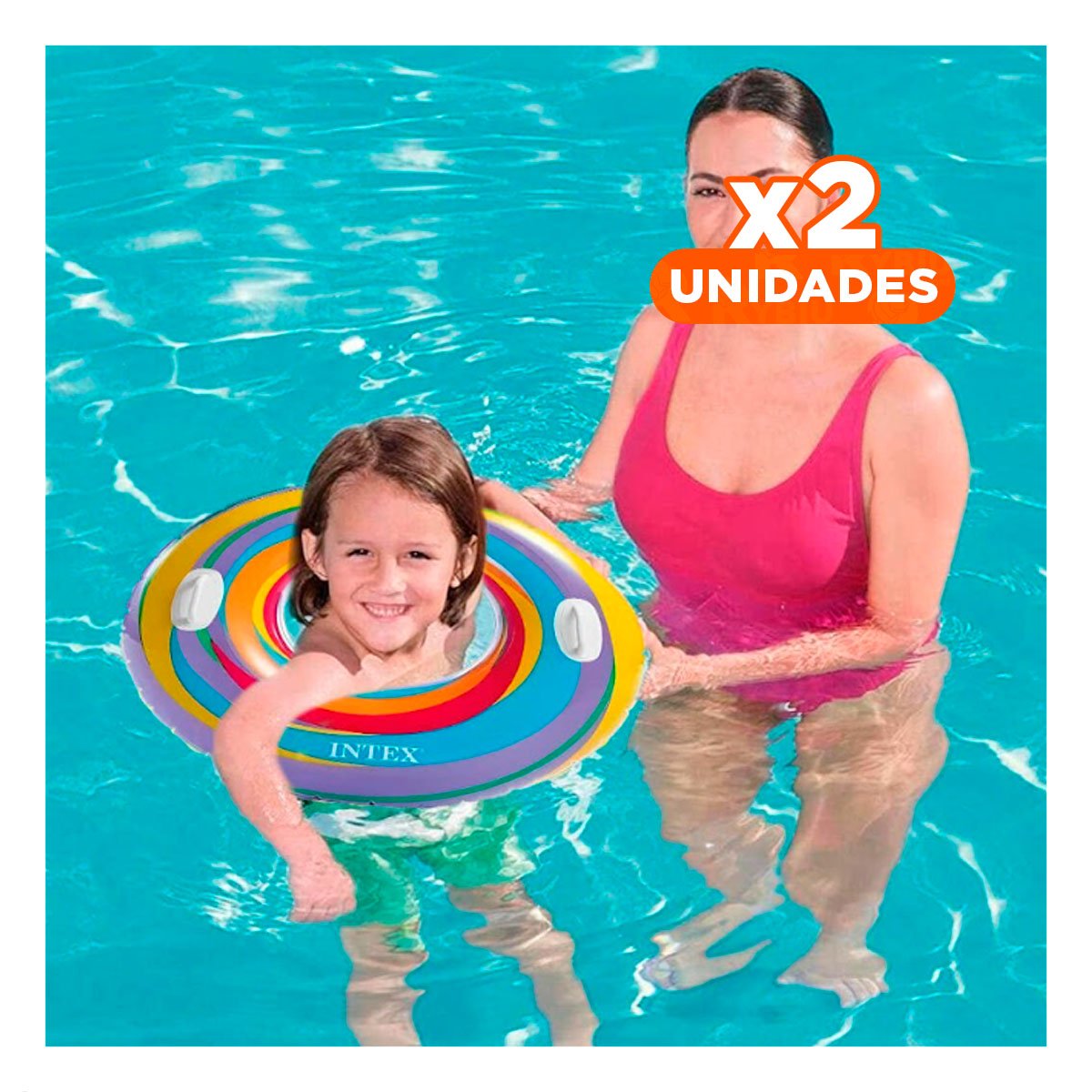 PACK2 ARO FLOTANTE ARCOIRIS CELESTE DE 91 CM PARA VERANO FAMILIAR Y+REGALO STICKER - 1