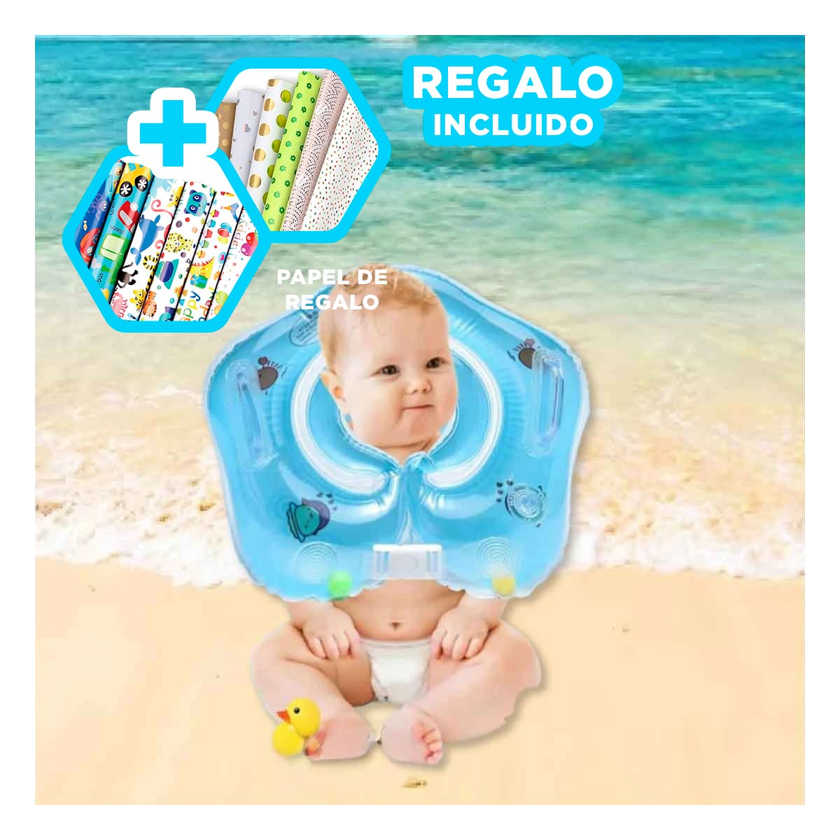 PACK3 FLOTADOR INFLABLE CHICO EN CELESTE Y+PAPEL DE REGALO - 1