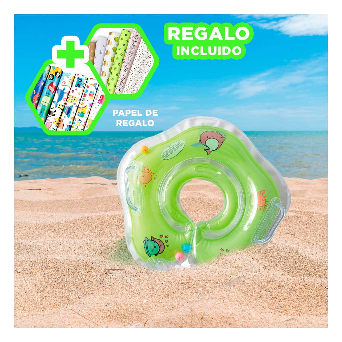 PACK3 FLOTADOR INFLABLE CHICO EN VERDE Y+PAPEL DE REGALO - 1