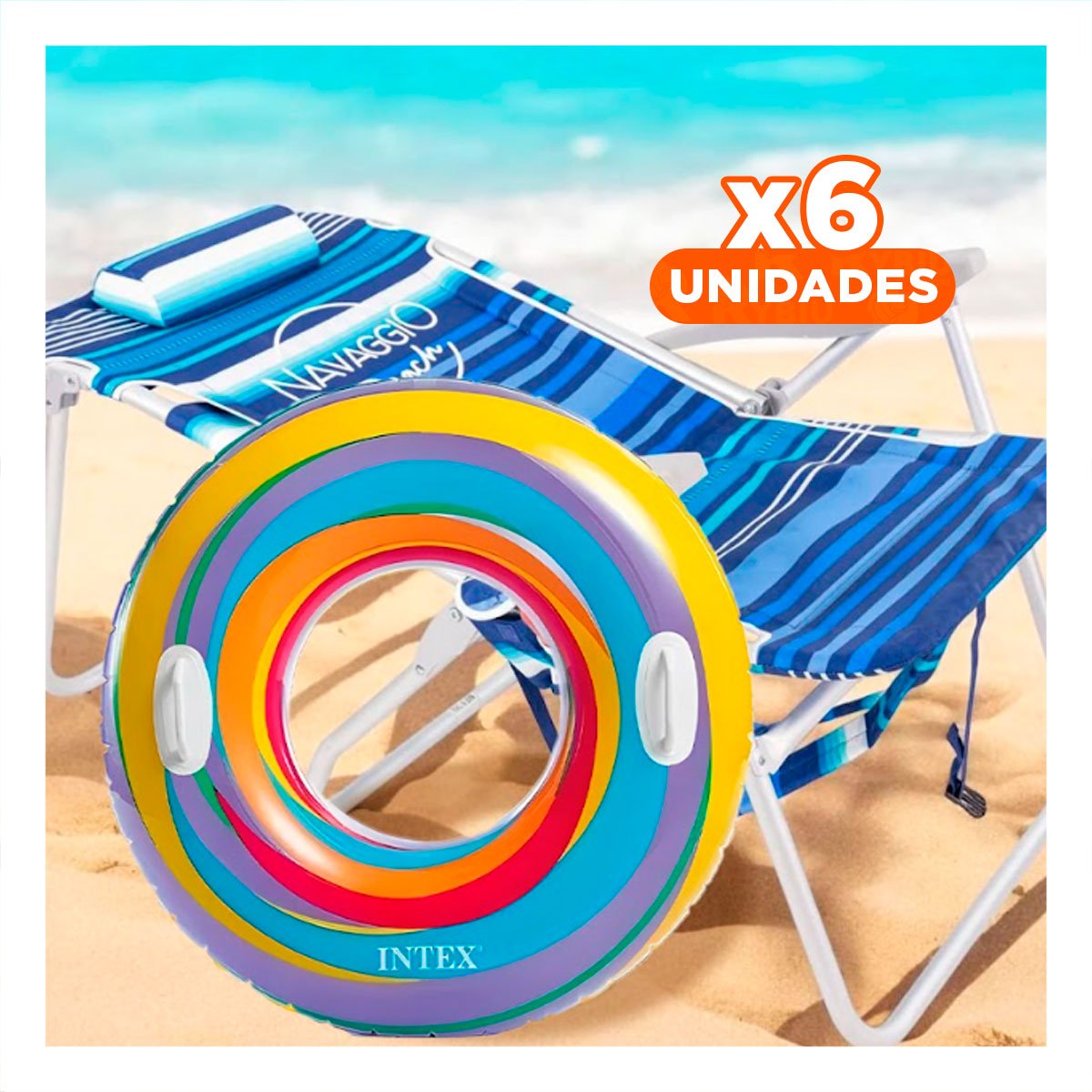 PACK6 INFLABLE EN FORMA DE ARO CON DISEÑO DE ARCOIRIS PARA VERANO Y+REGALO STICKER - 1