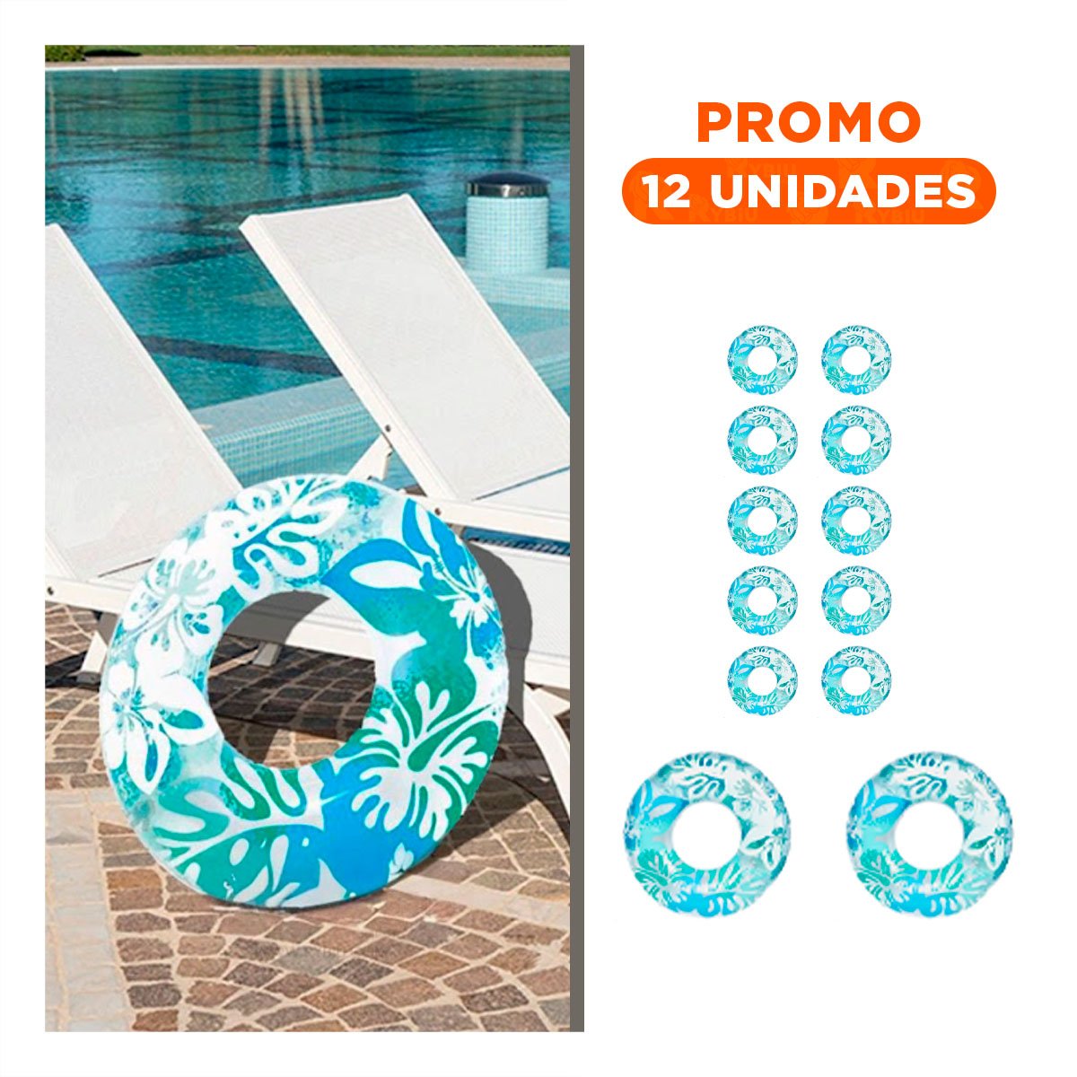 PACK12 FLOTADOR CIRCULAR CELESTE DE 91 CM CON ESTILO NATURAL MARINO Y+REGALO STICKER - 1