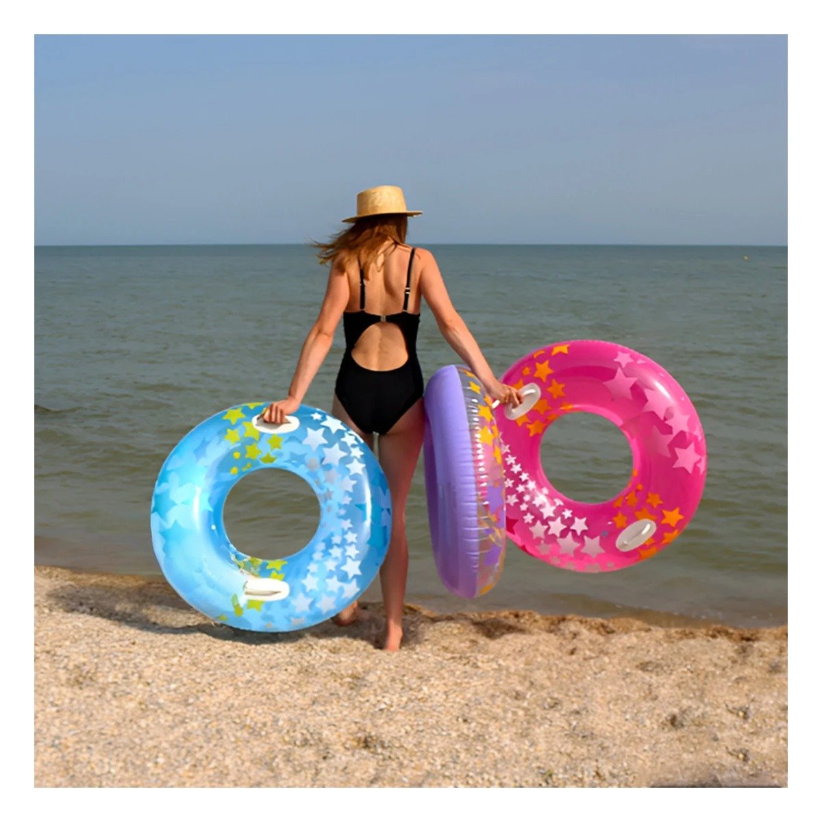 PACK12 FLOTADOR CIRCULAR DE 91 CM COLOR CELESTE CON ASA Y DISENO ALEGRE DE ESTRELLA PARA VERANO - 2