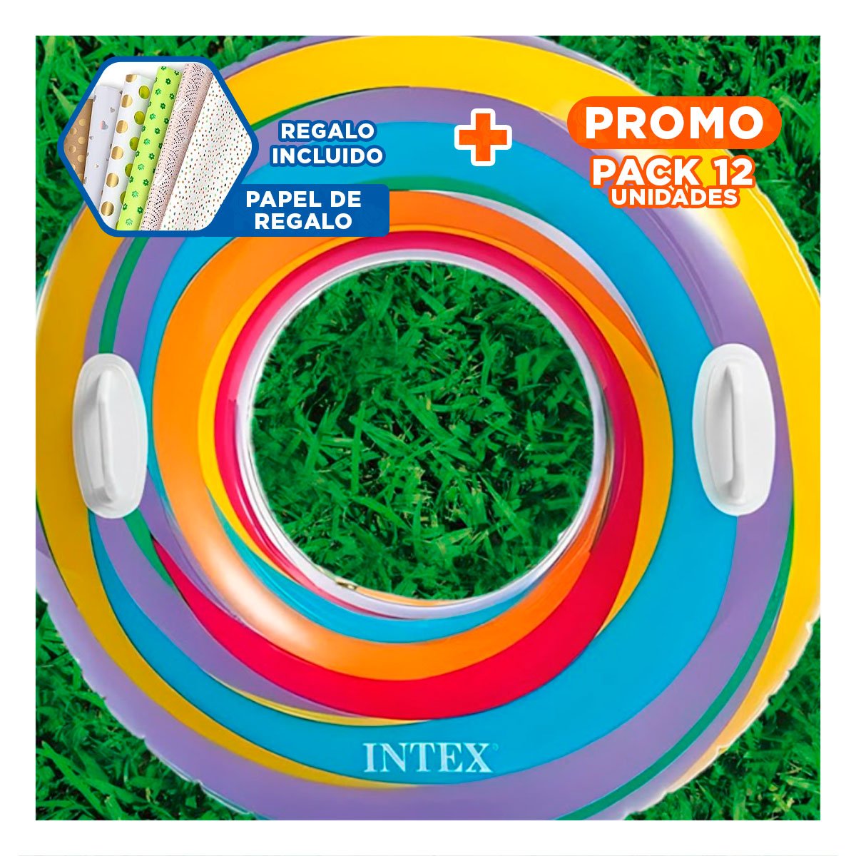 PACK12 FLOTADOR CIRCULAR ARCOIRIS CELESTE DE 91 CM PARA VERANO FAMILIAR Y+PAPEL REGALO - 1