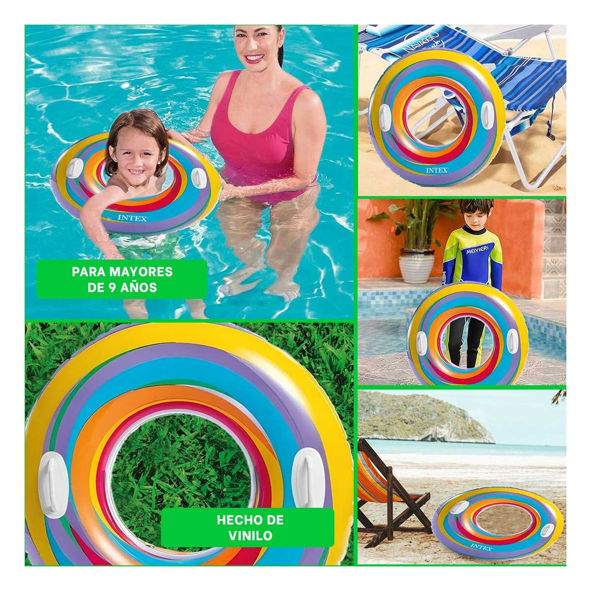 PACK12 FLOTADOR CIRCULAR ARCOIRIS CELESTE DE 91 CM PARA VERANO FAMILIAR Y+PAPEL REGALO - 2
