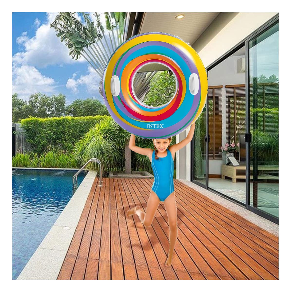 PACK12 FLOTADOR CIRCULAR ARCOIRIS CELESTE DE 91 CM PARA VERANO FAMILIAR Y+PAPEL REGALO - 5