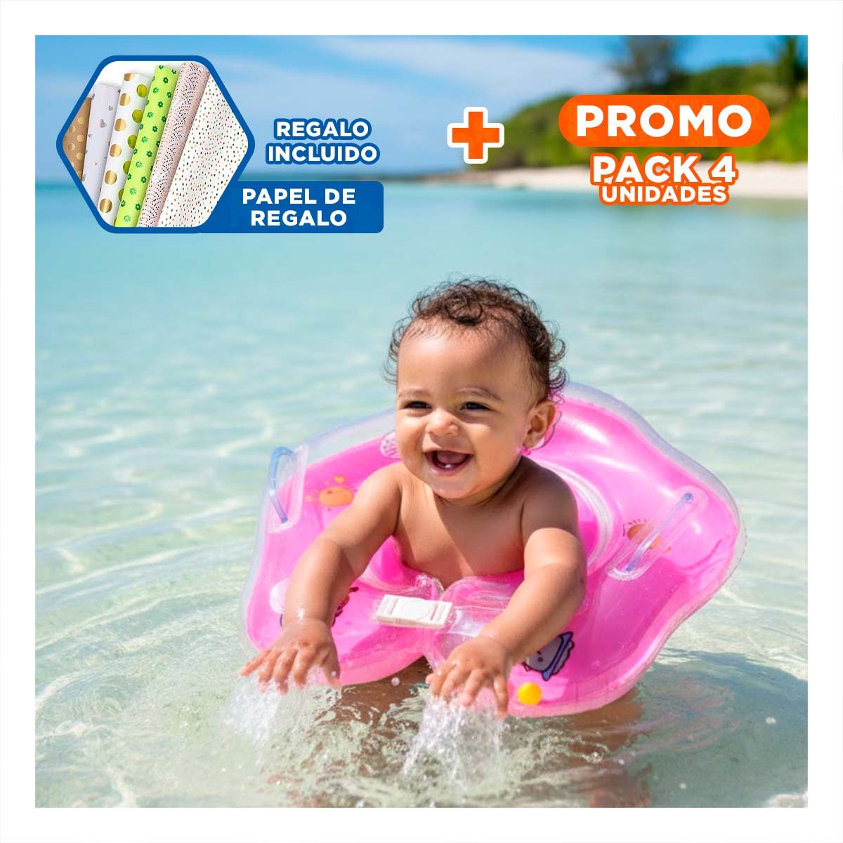 PACK4 COLLAR FLOTANTE ROSADO PARA BEBE DE 66 X 44 CM PARA VERANO Y+PAPEL REGALO - 1