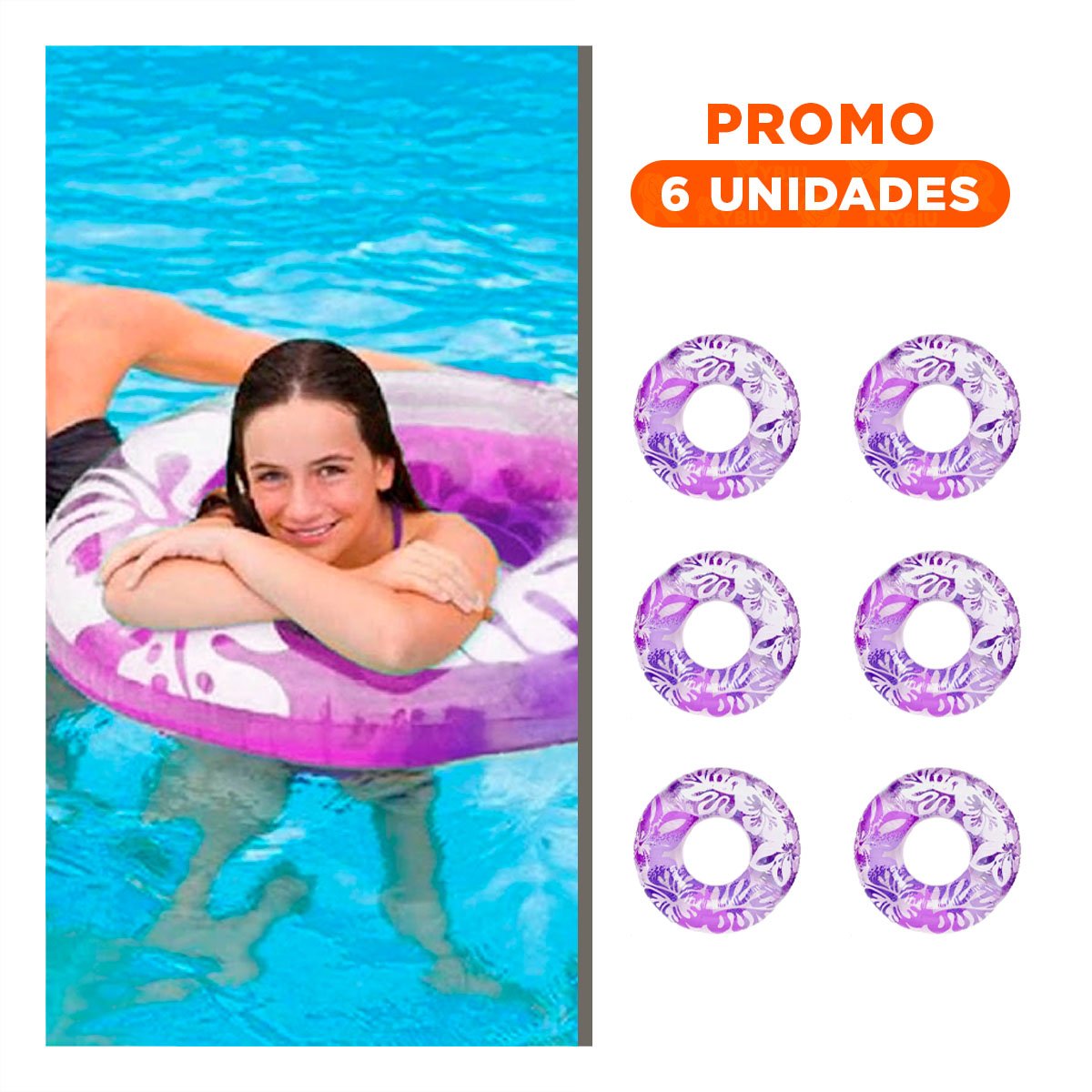 PACK6 FLOTADOR CIRCULAR MORADO DE 91 CM CON DISENO FLORAL PARA PISCINA - 1