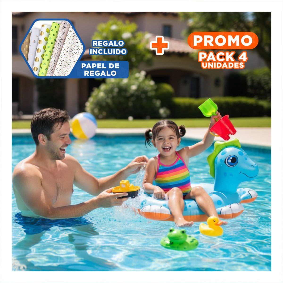 PACK4 FLOTADOR DE PISCINA CON FORMA DE CABALLO DE MAR PARA BEBE PARA JUEGOS Y+PAPEL REGALO - 1