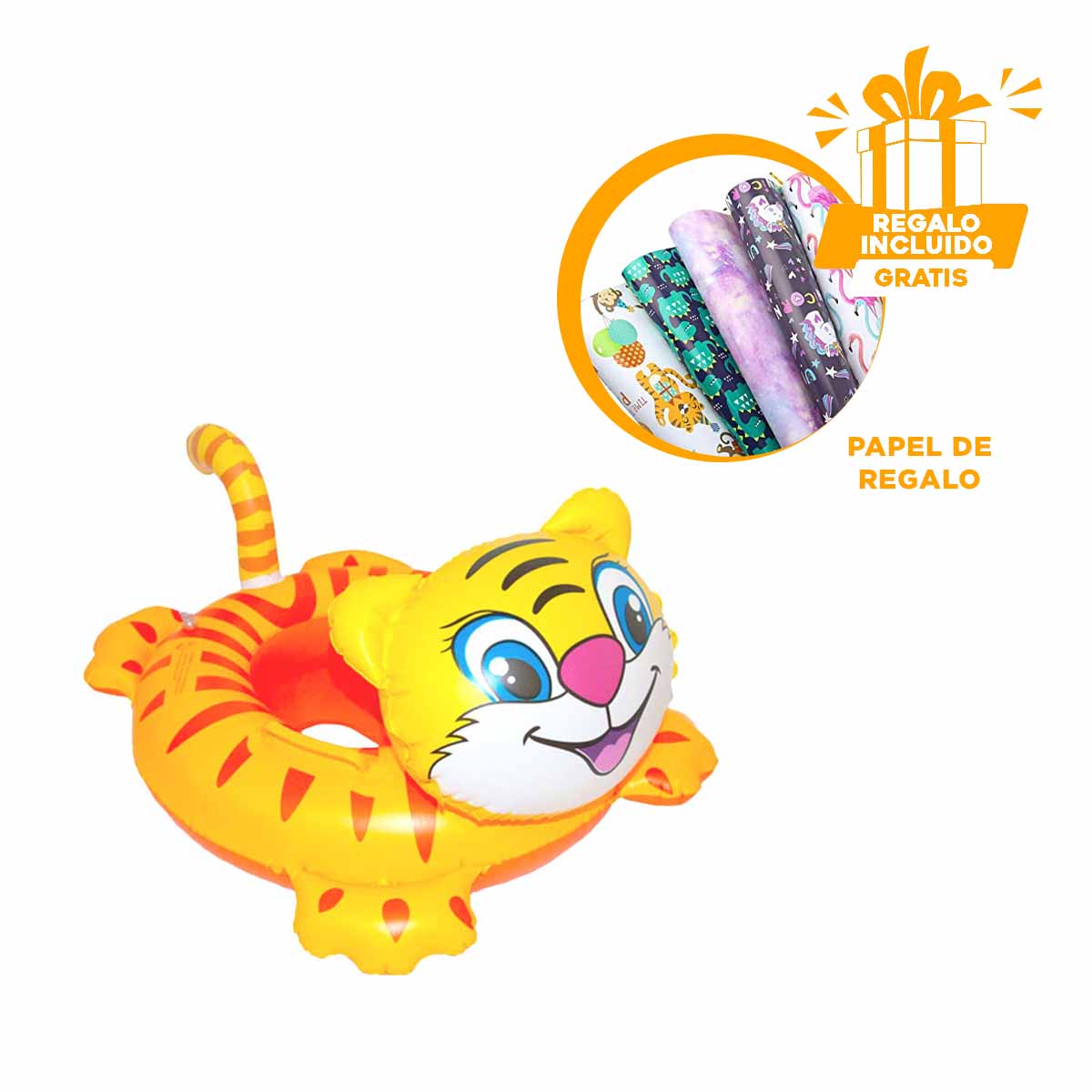 PACK5 FLOTADOR INFLABLE CHICO DE TIGRE Y+PAPEL DE REGALO - 1
