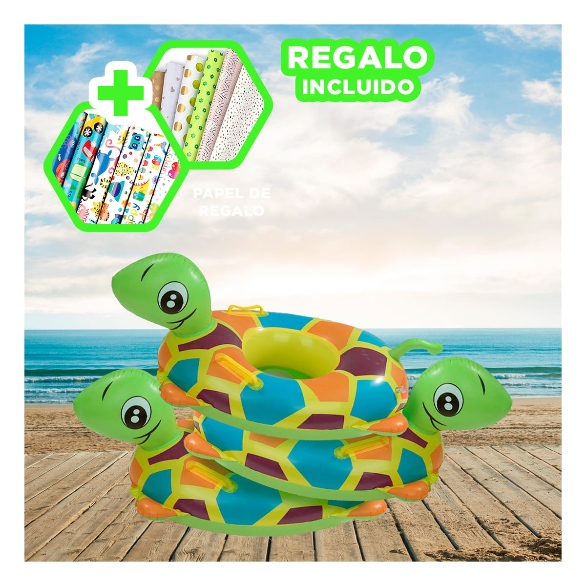 PACK3 FLOTADOR INFLABLE CHICO DE TORTUGA Y+PAPEL DE REGALO - 1