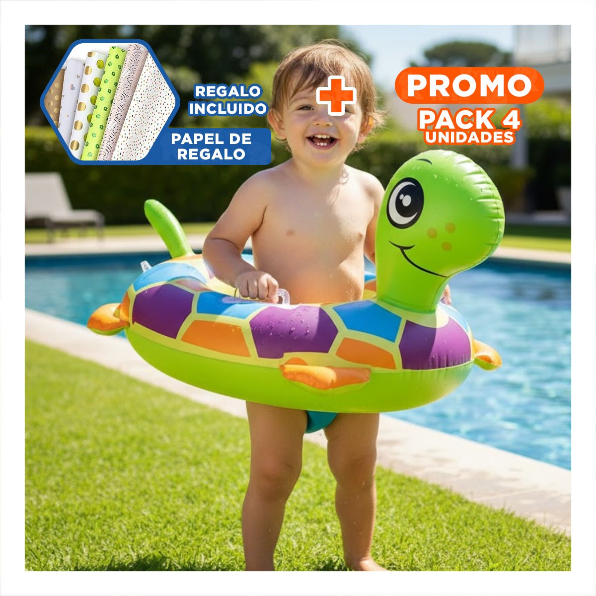 PACK4 COLLAR INFLABLE CON FORMA DE TORTUGA PARA BEBE PARA PISCINA EN CASA Y+PAPEL REGALO - 1