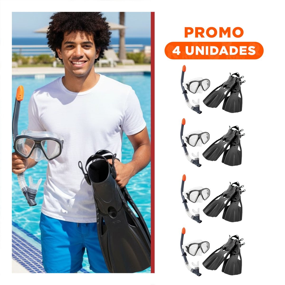 PACK4 KIT DE BUCEO RECREATIVO 3 PCS NEGRO CON MASCARA TUBO Y ALETAS PARA AGUA Y+REGALO STICKER - 1