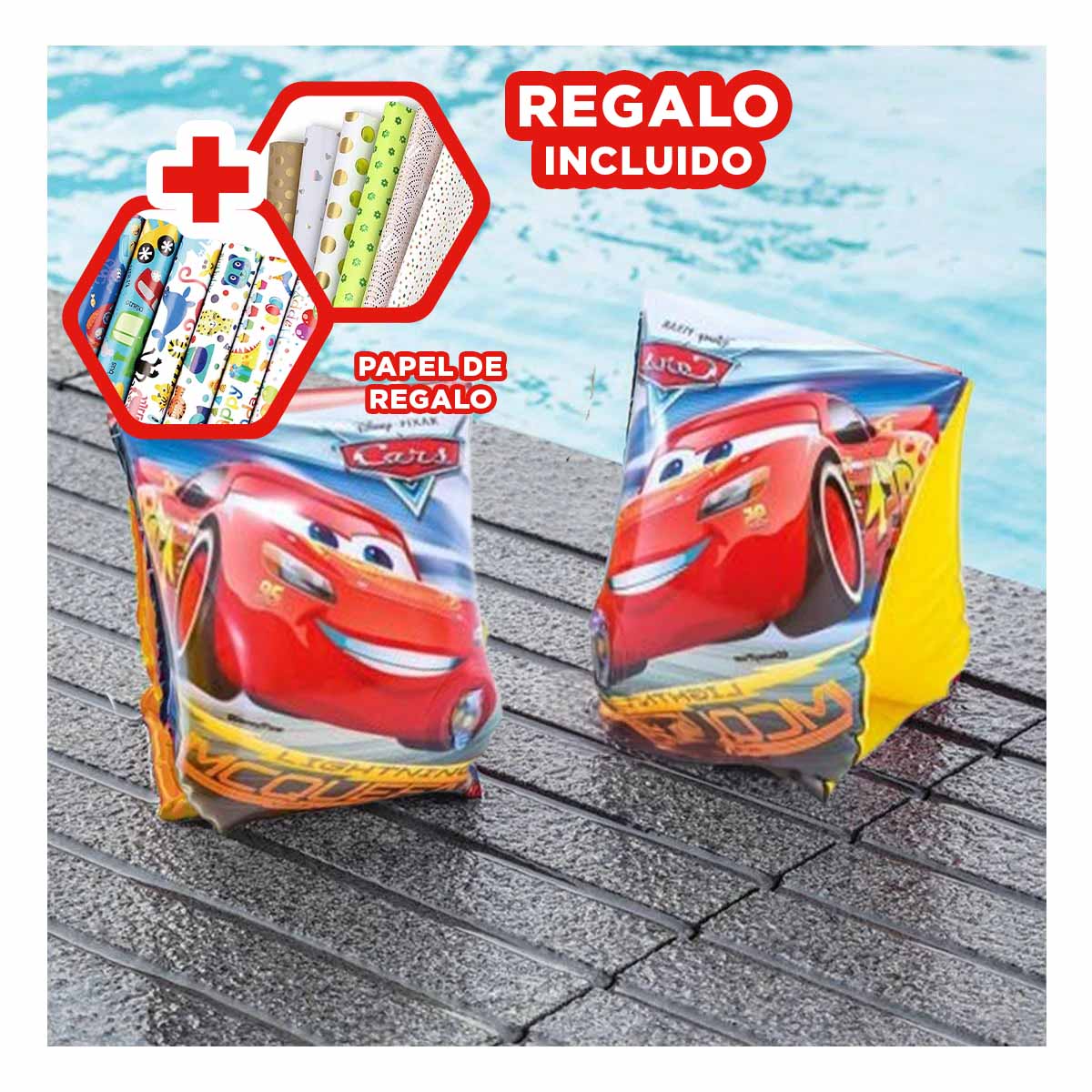 PACK2 FLOTADOR DE BRAZOS FORMA CARRO Y+BANDERITAS ADHESIVAS - 1