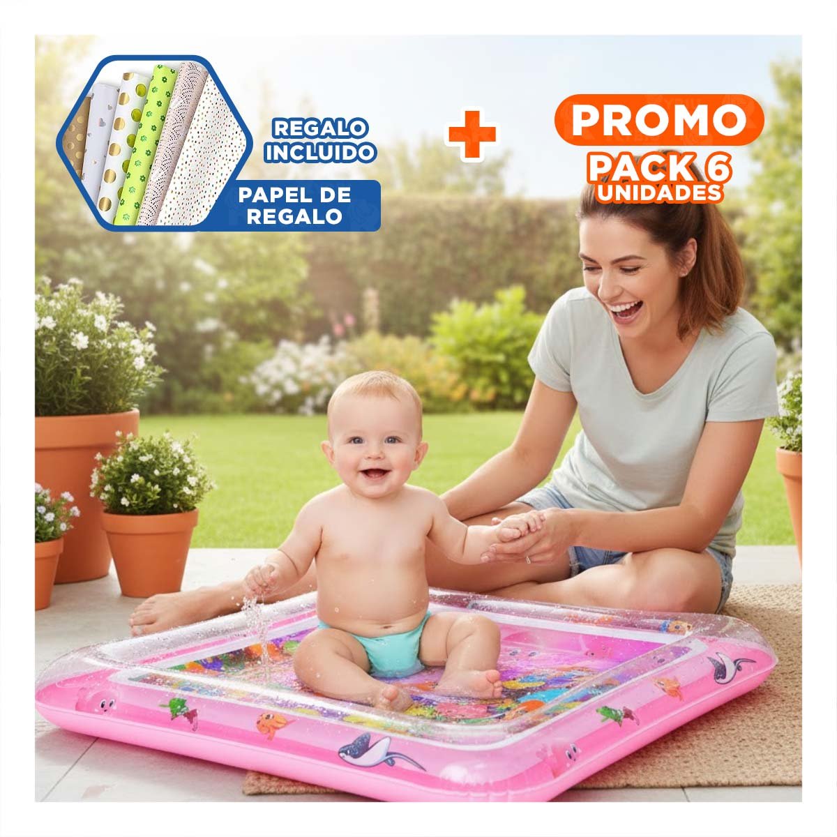 PACK6 AREA INFLABLE CON AGUA PARA BEBES ROSADO PARA JUEGO ACUATICO SEGURO Y+PAPEL REGALO - 1