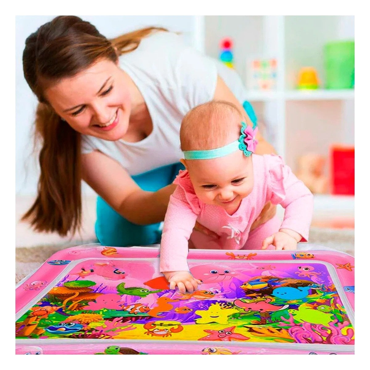 PACK12 ALFOMBRA INFLABLE CON AGUA PARA BEBES ROSADO DISENO SUAVE Y ACOLCHADO Y+REGALO STICKER - 5