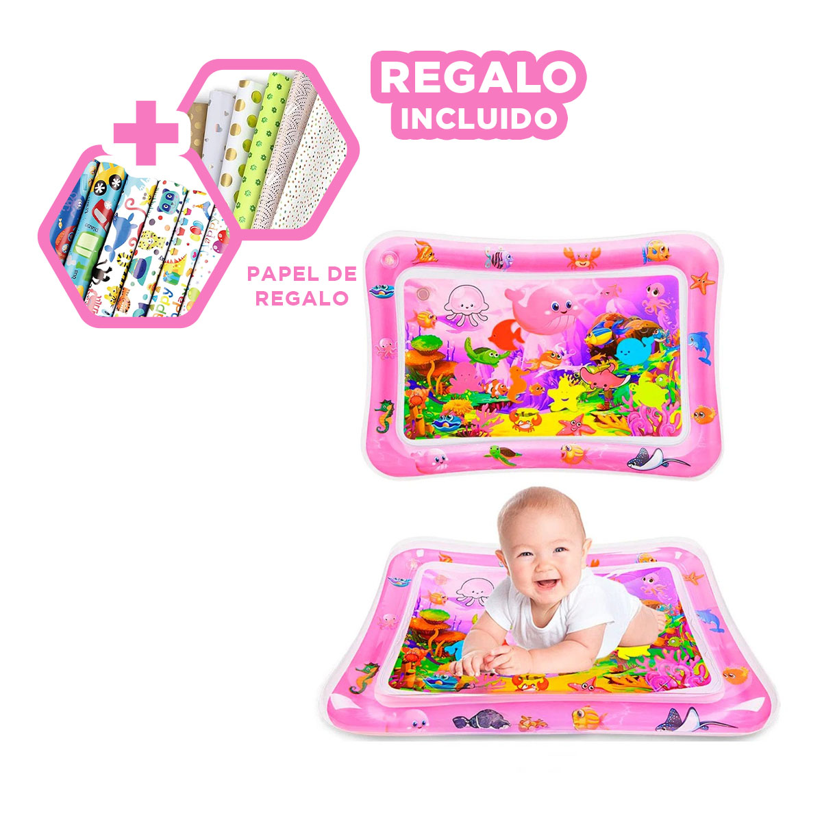 PACK9 INFLABLE MODERNO DE COLOR ROSADO Y+PAPEL DE REGALO - 1