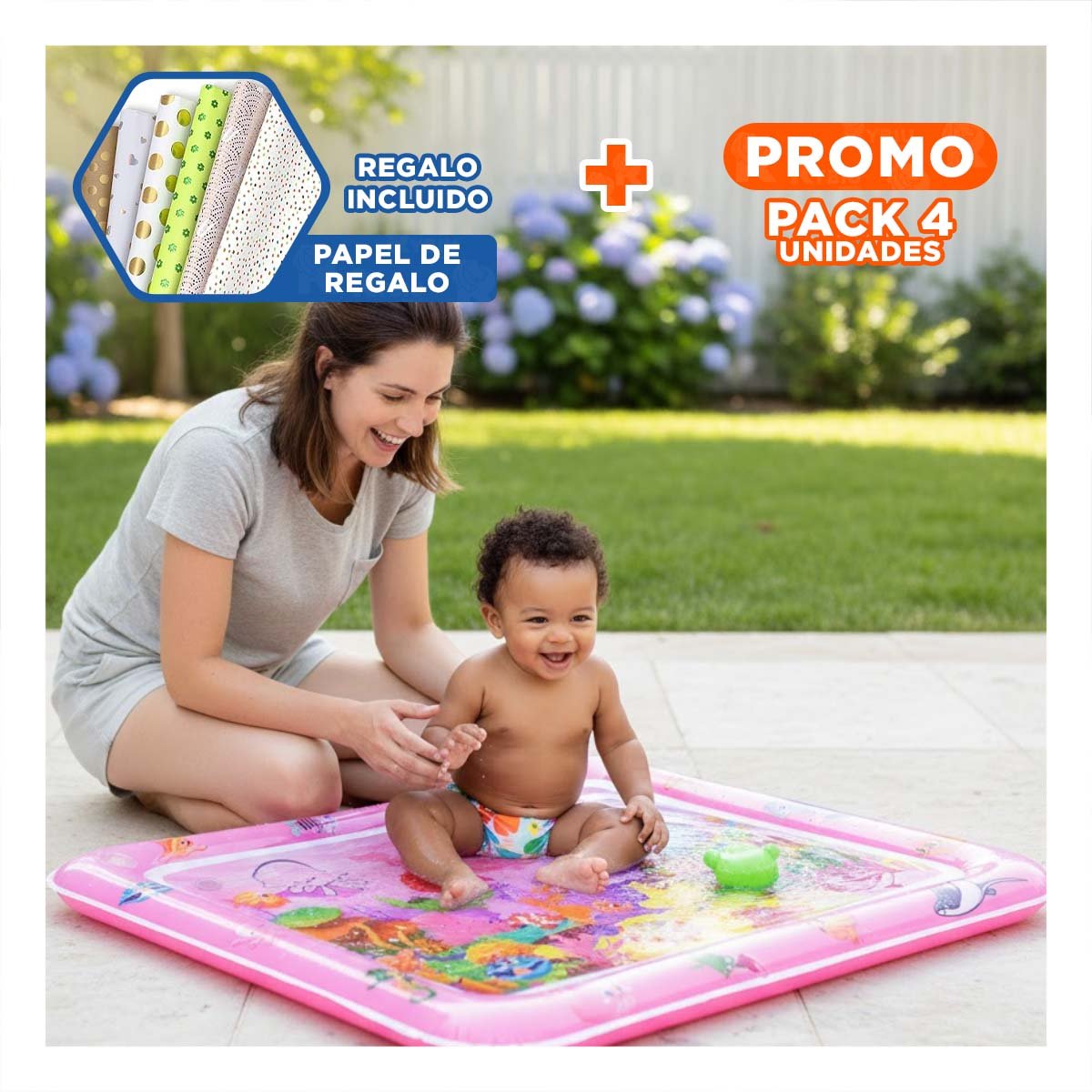 PACK4 ESPACIO INFLABLE CON AGUA PARA BEBES ROSADO ESTIMULACION TEMPRANA Y+PAPEL REGALO - 1