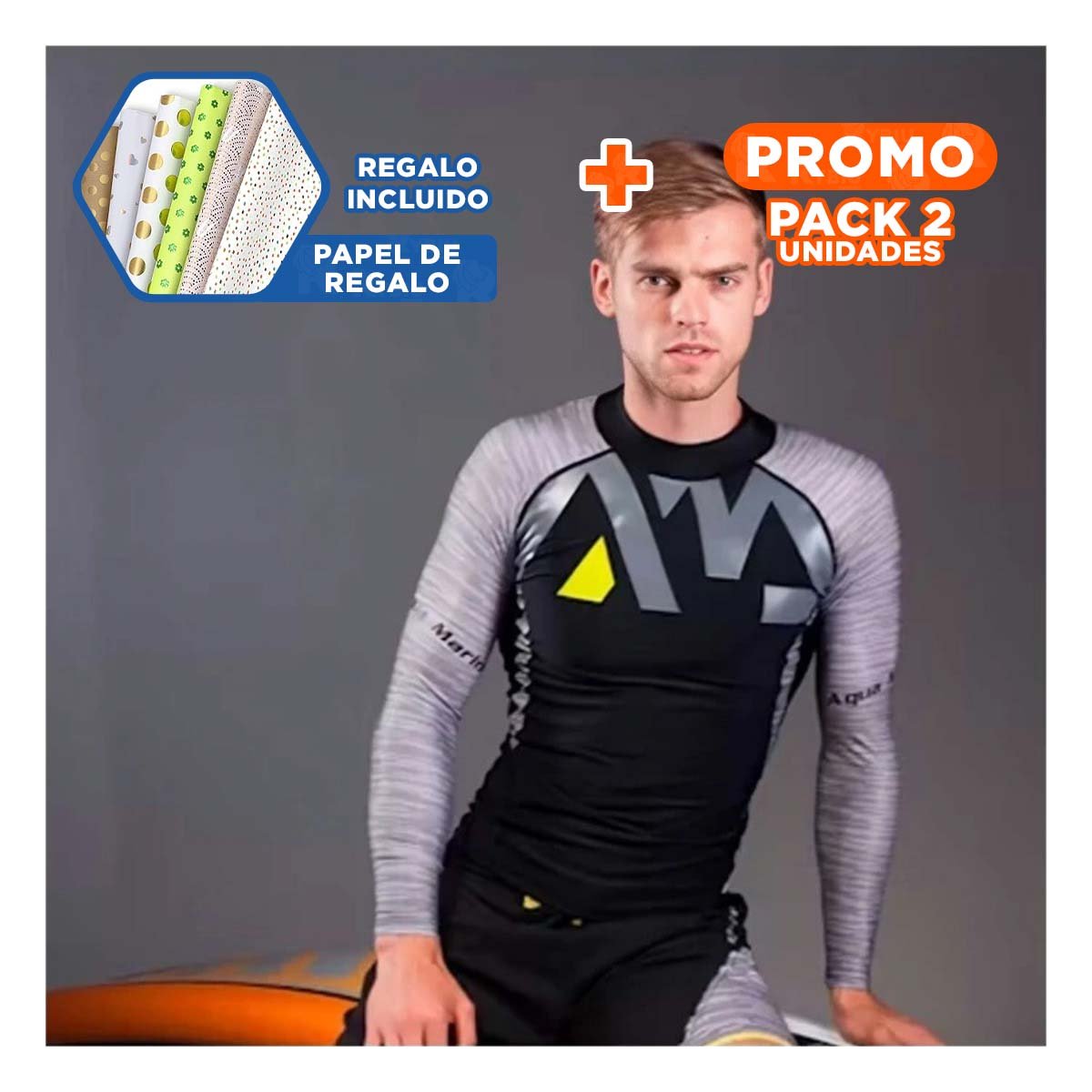 PACK2 ESTILO ELASTICO NAILON HOMBRE PLOMO NEGRO CON MANGA LARGA TALLA L Y+PAPEL REGALO - 1