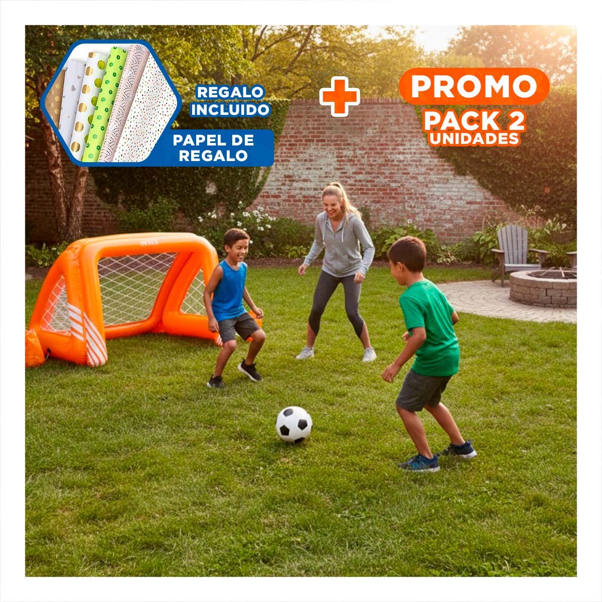 PACK2 PORTERIA INFLABLE FUTBOL PARA JUEGOS FAMILIARES EN EXTERIOR Y+PAPEL REGALO - 1