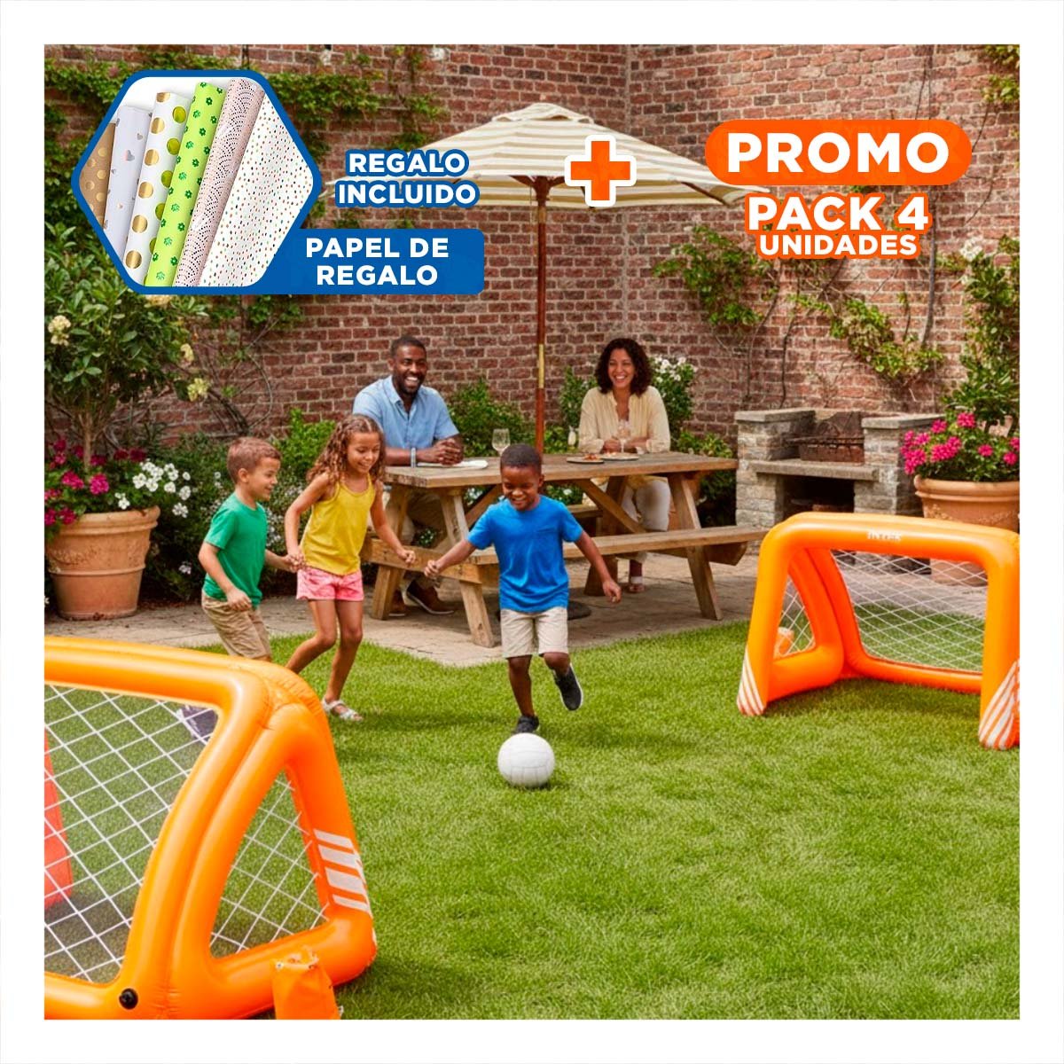 PACK4 PORTERIA INFLABLE DEPORTIVA PARA USO RECREATIVO EN PATIO Y+PAPEL REGALO - 1