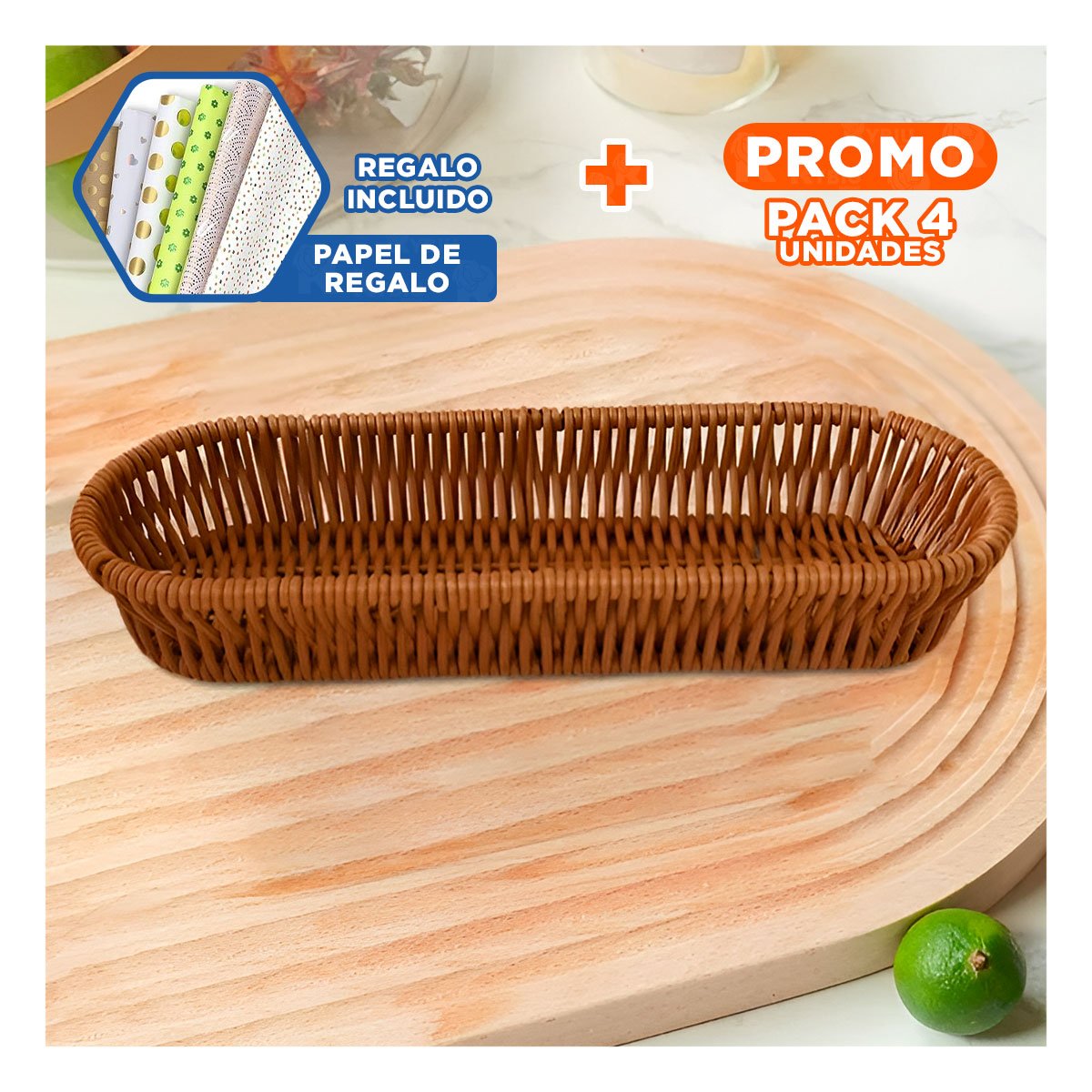 PACK4 BANDEJA ORGANIZADORA TEJIDA MULTIUSO OVALADA MARRON PARA ESPACIOS Y+PAPEL REGALO - 1