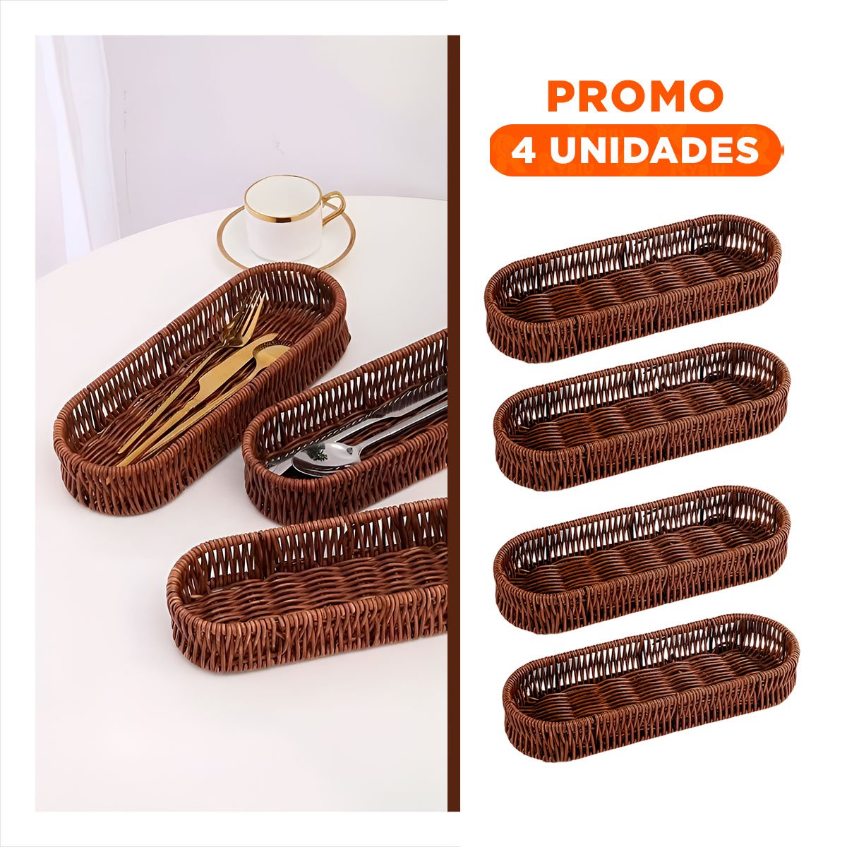 PACK4 BANDEJA PRACTICA TEJIDA MULTIUSO OVALADA MARRON USO DIARIO CASA HOGAR Y+REGALO STICKER - 1