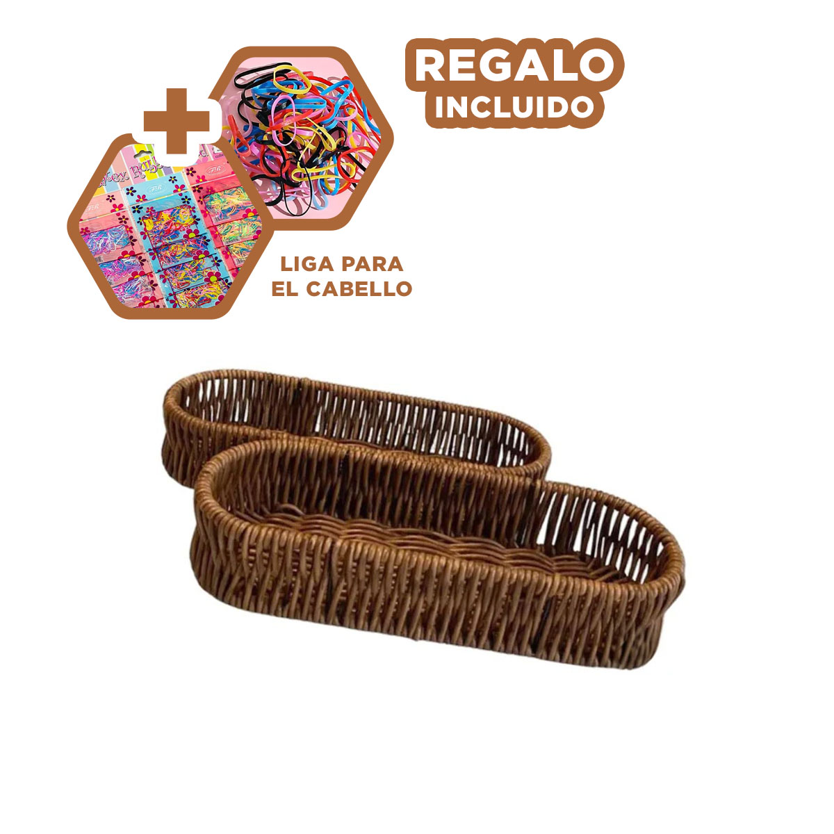 PACK5 CANASTA ARTESANAL OVALADA MARRON Y+LIGAS DE REGALO - 1