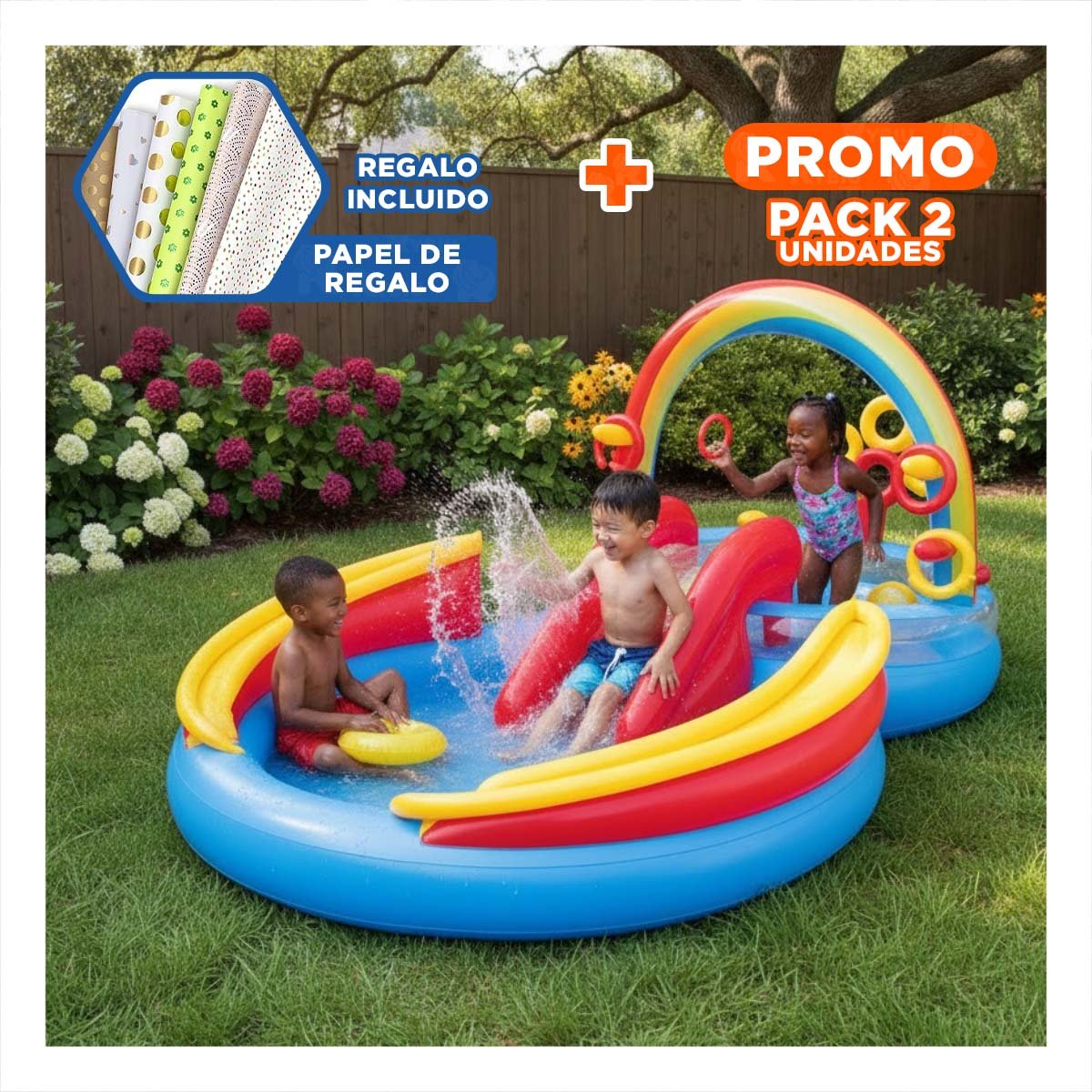 PACK2 ESPACIO RECREATIVO ARCOIRIS INFLABLE PARA NINOS DISENO INFANTIL COLORIDO Y+PAPEL REGALO - 1