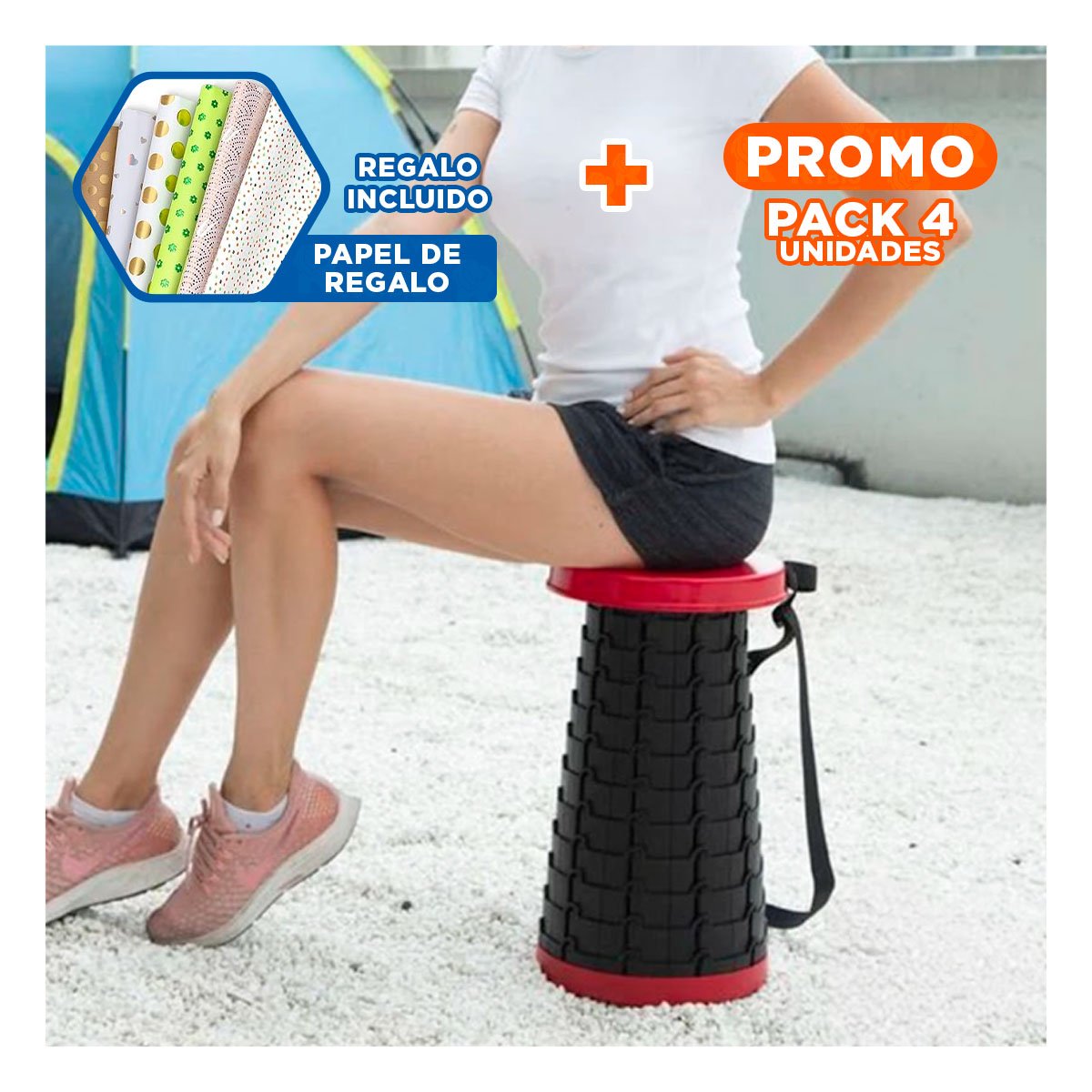 PACK4 TABURETE DURABLE CON PORTABILIDAD PARA EVENTOS Y VIAJES ROJO Y+PAPEL REGALO - 1