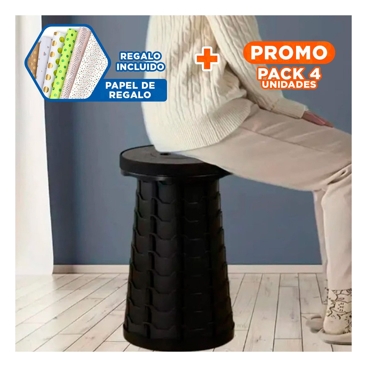 PACK4 BUTACA CONFIABLE CON SEGURO PORTATIL PARA EVENTOS Y PICNICS NEGRO Y+PAPEL REGALO - 1