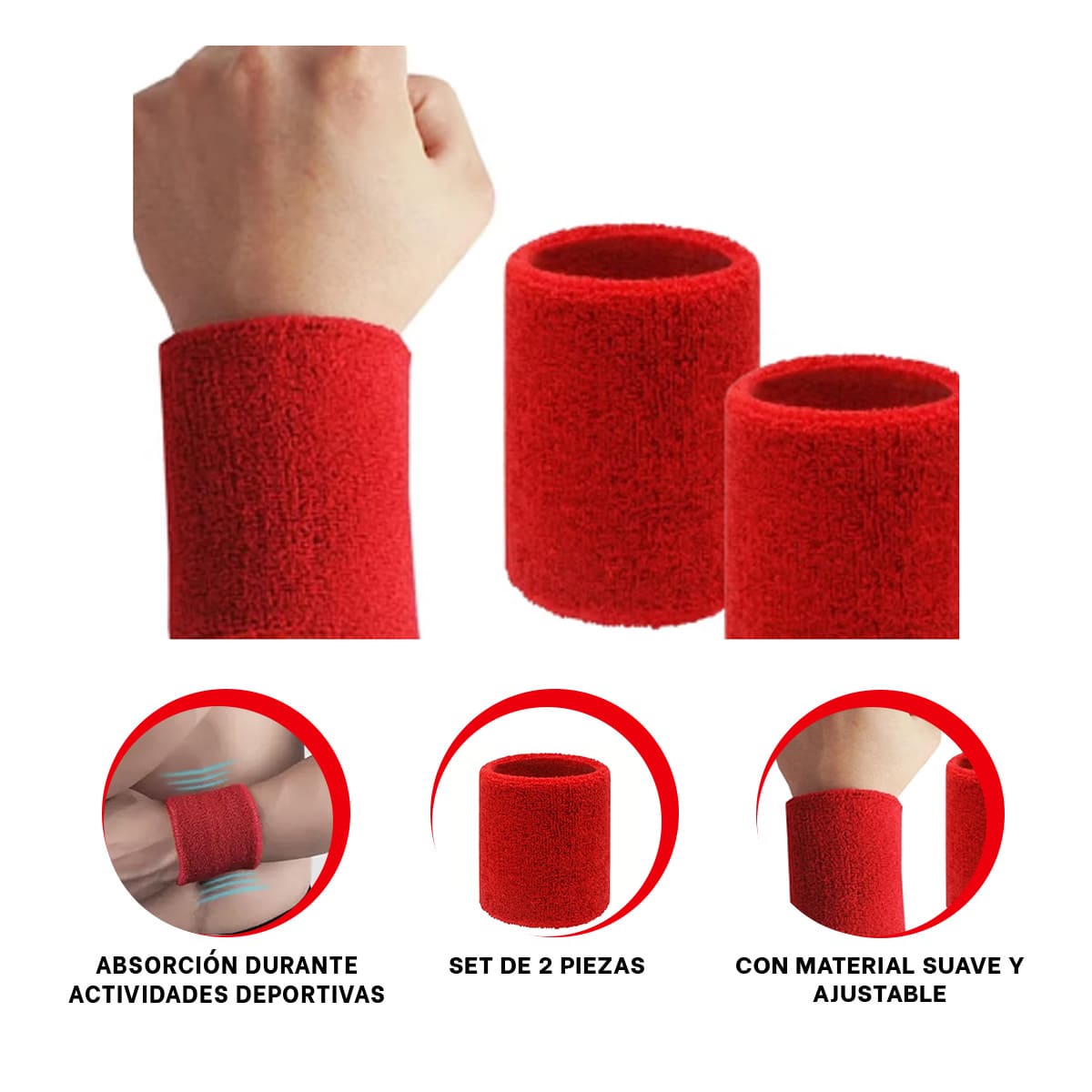 PACK2 MUÑEQUERAS GRUESAS TENIS ROJO Y+BANDERITAS ADHESIVAS - 1