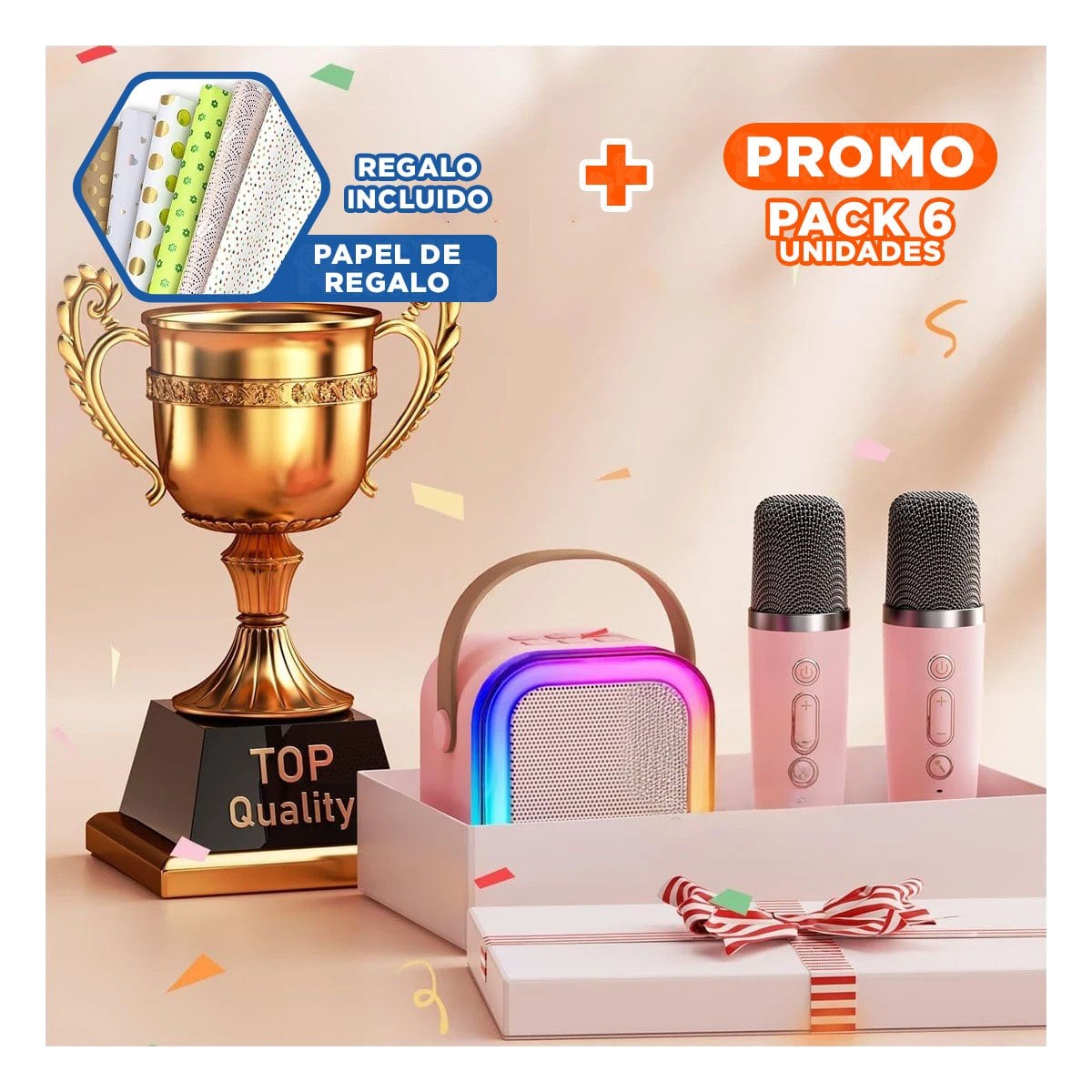 PACK6 EMISOR INALAMBRICO ROSADO CON MICROFONO MINI PORTATIL DURABLE Y RAPIDO Y+PAPEL REGALO - 1
