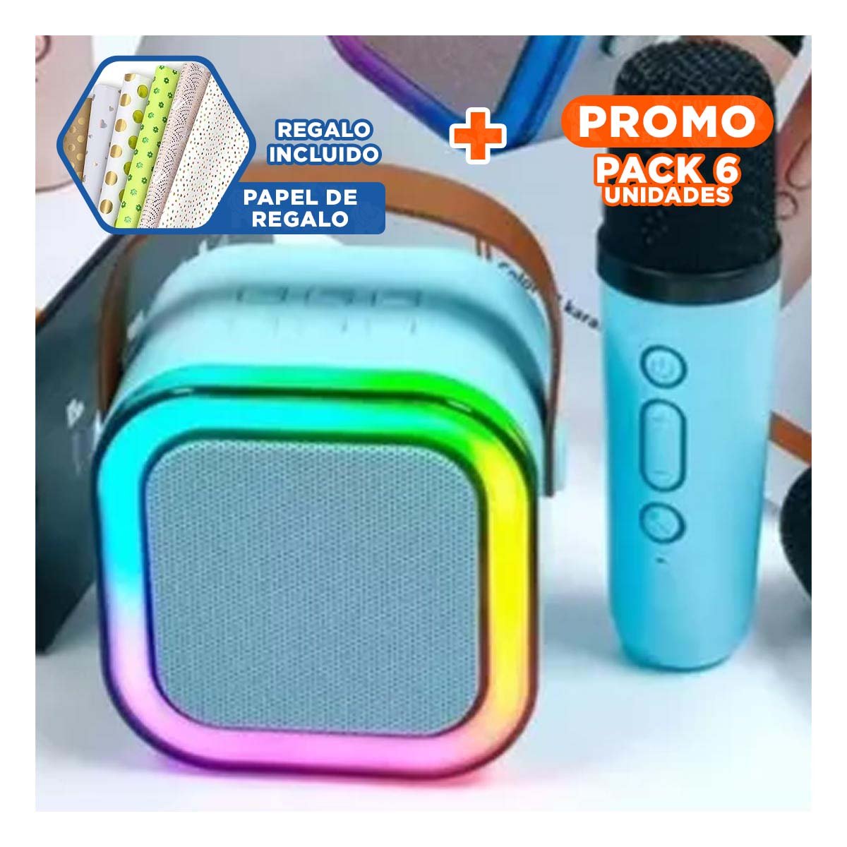 PACK6 EMISOR INALAMBRICO CELESTE CON MICROFONO MINI PORTATIL DURABLE Y+PAPEL REGALO - 1
