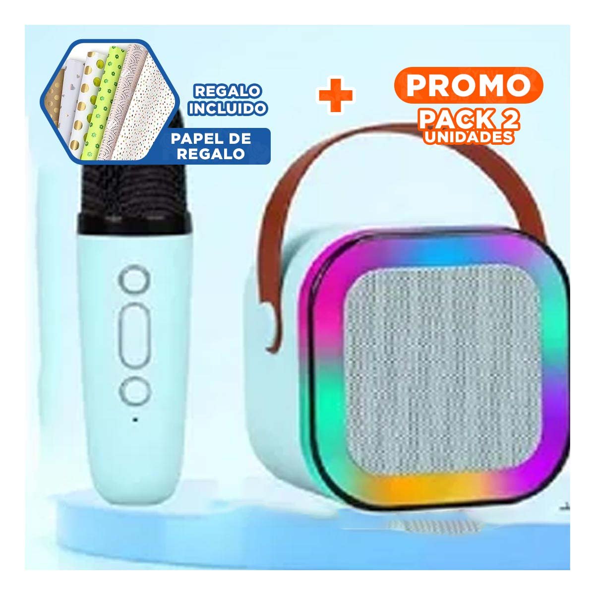 PACK2 EQUIPO RECARGABLE CELESTE CON MICROFONO MINI ADAPTABLE Y VERSATIL Y+PAPEL REGALO - 1