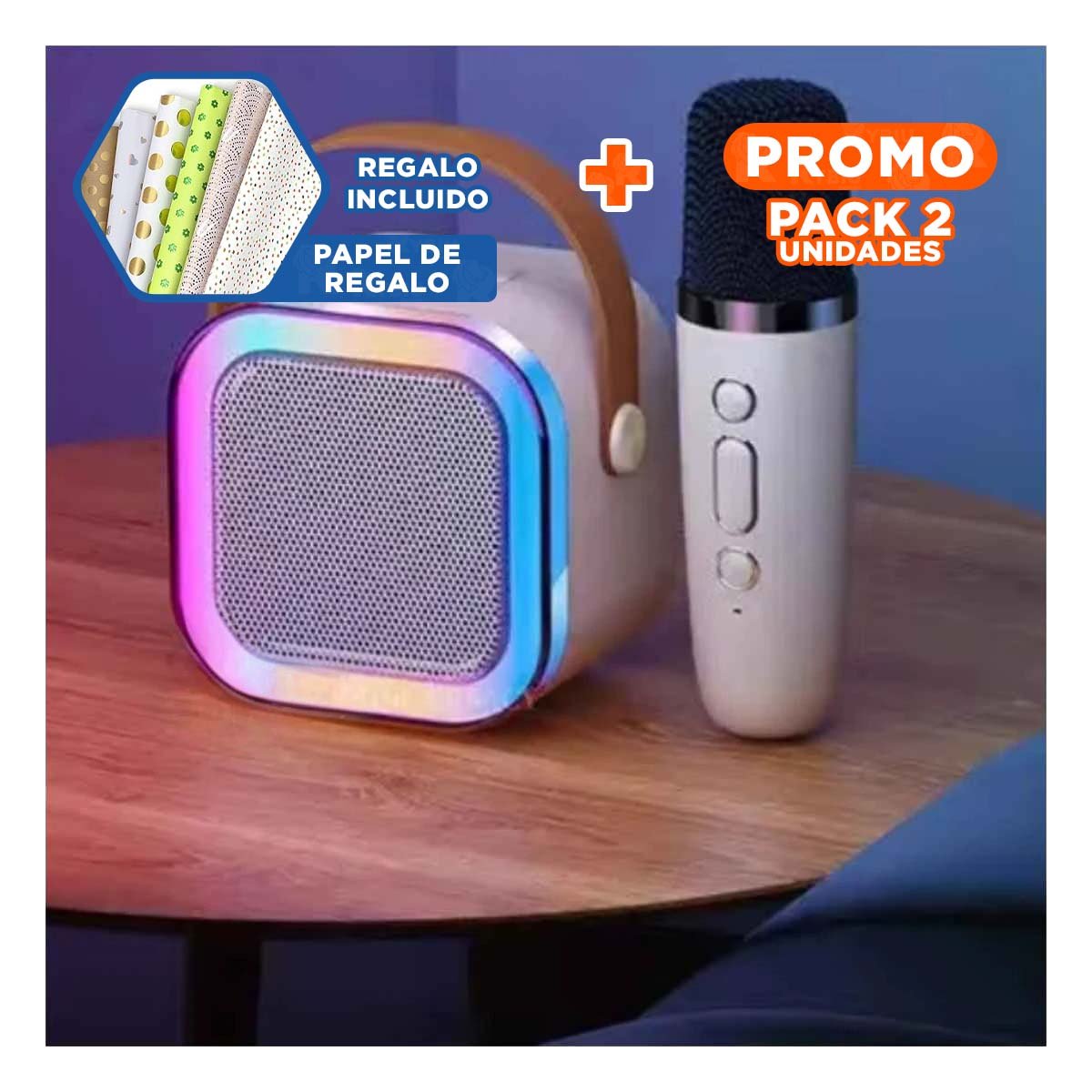 PACK2 SISTEMA PARLANTE RECARGABLE BEIGE CON MICROFONO MINI PORTATIL DURADERO Y+PAPEL REGALO - 1