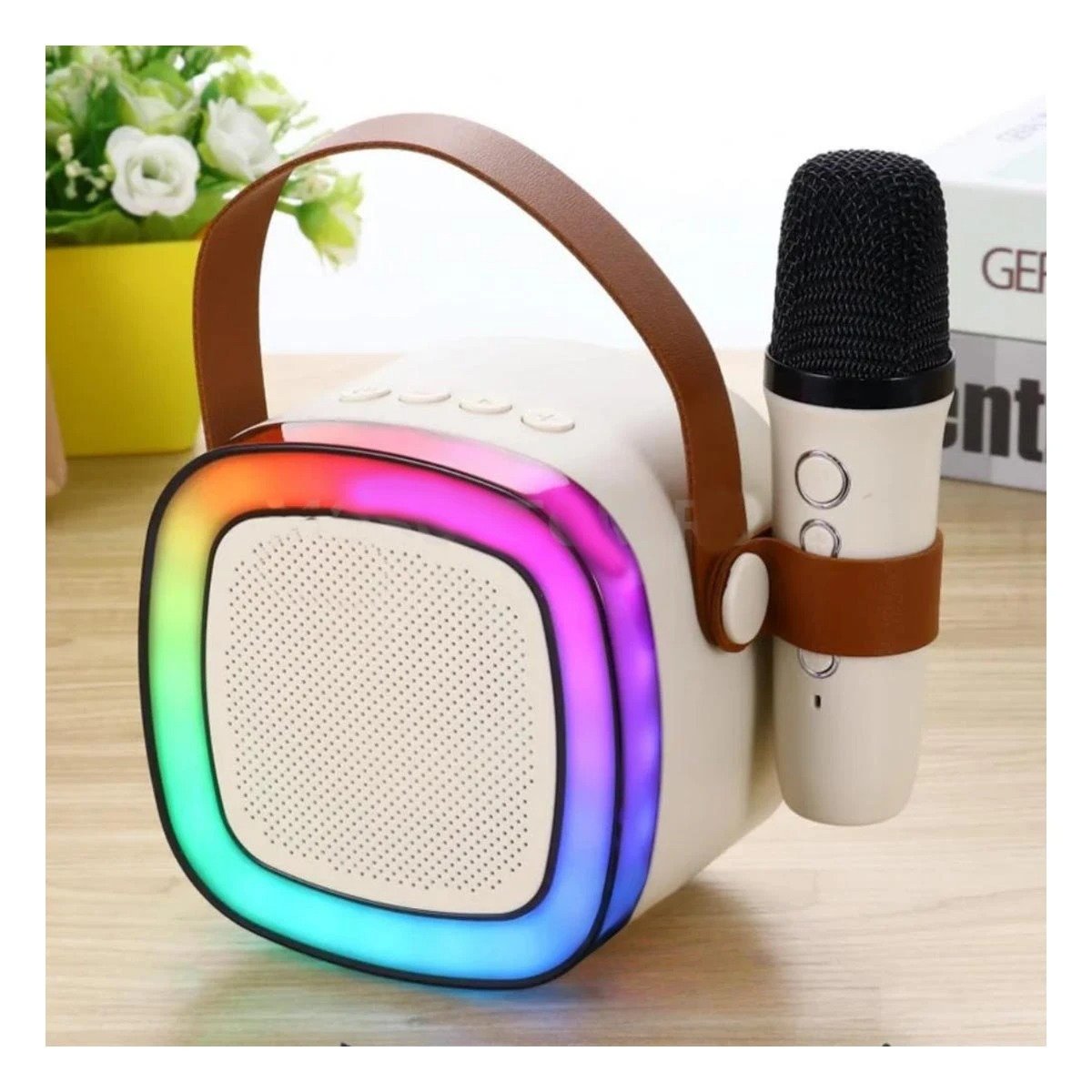 PACK2 SISTEMA PARLANTE RECARGABLE BEIGE CON MICROFONO MINI PORTATIL DURADERO Y+PAPEL REGALO - 5