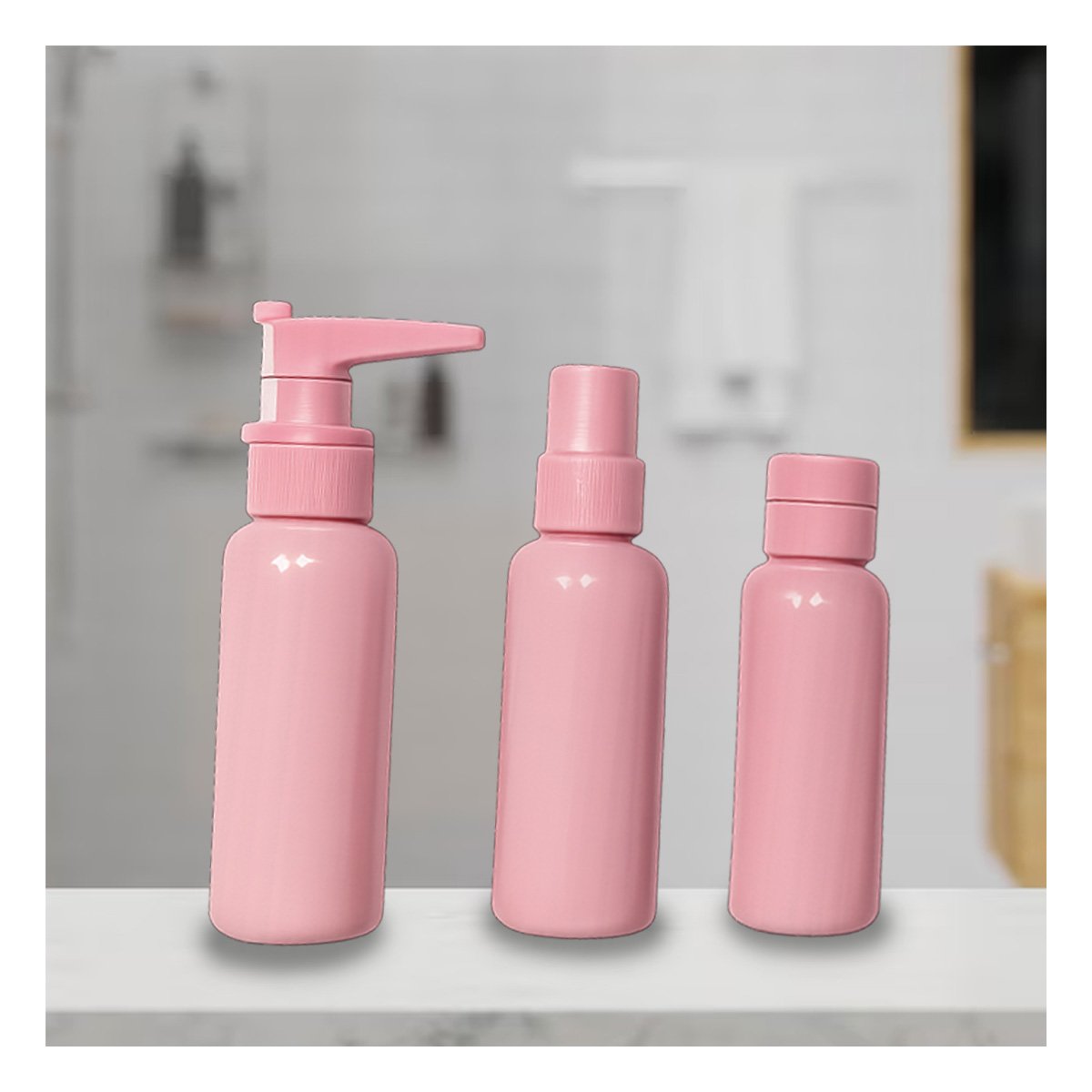 JUEGO DE FRASCOS PORTATILES 7 PIEZAS ROSADO PARA PRODUCTOS LIQUIDOS Y HIGIENICOS - 1