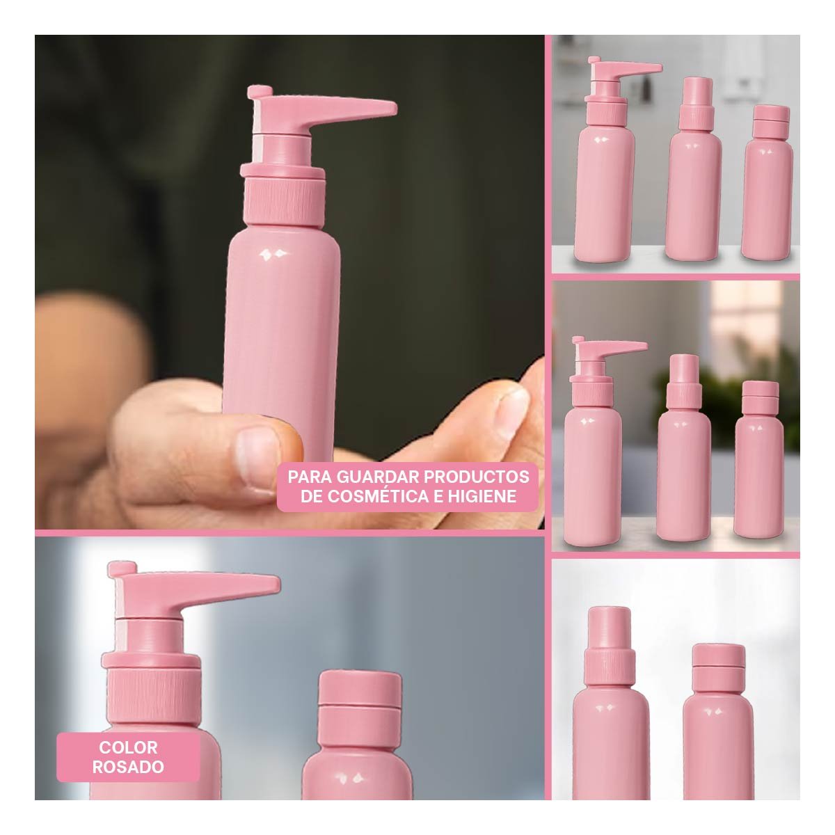 JUEGO DE FRASCOS PORTATILES 7 PIEZAS ROSADO PARA PRODUCTOS LIQUIDOS Y HIGIENICOS - 5