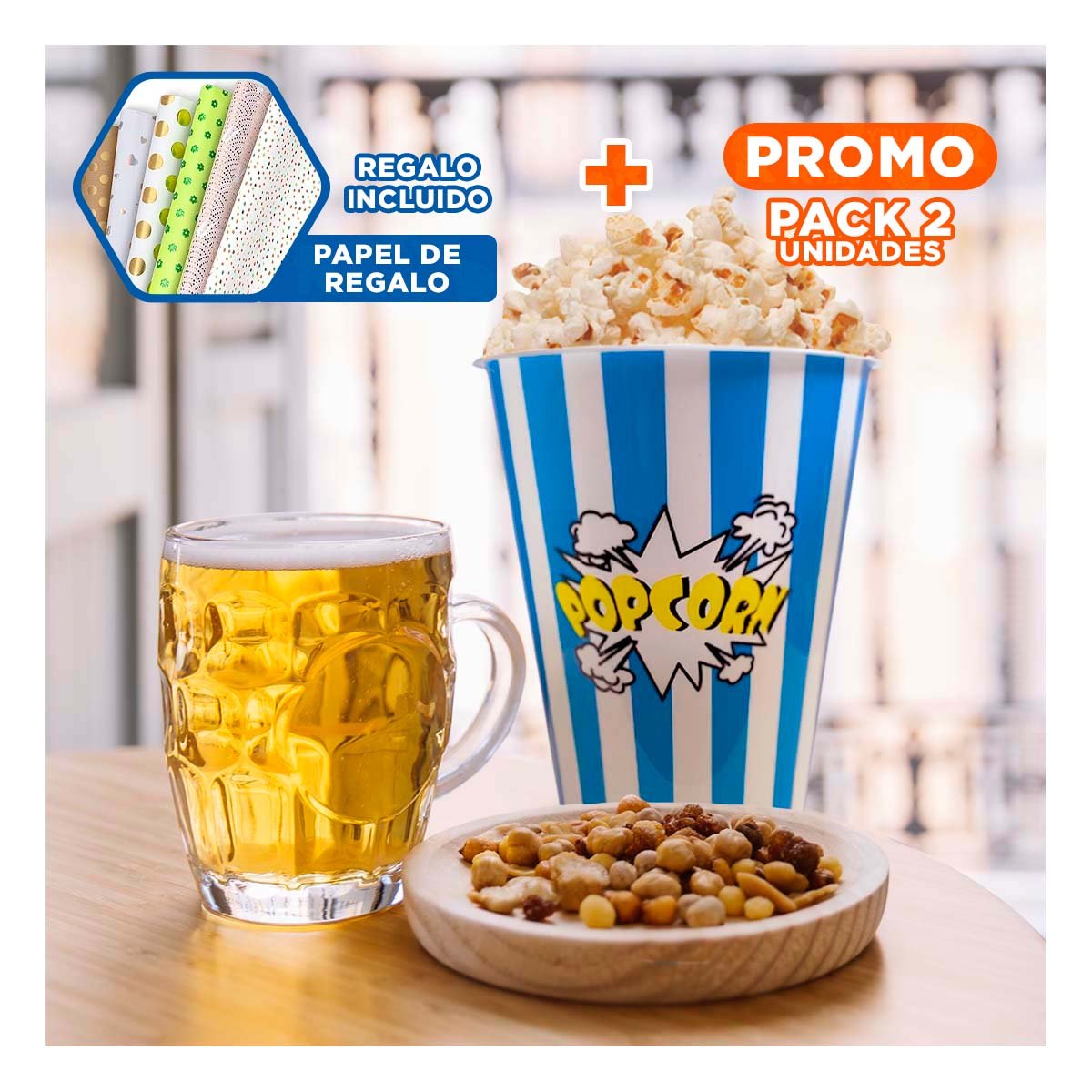 PACK2 ENVASE POPCORN 11,3X17X6,9CM AZUL PARA CINE Y EVENTOS EN CASA Y+PAPEL REGALO - 1