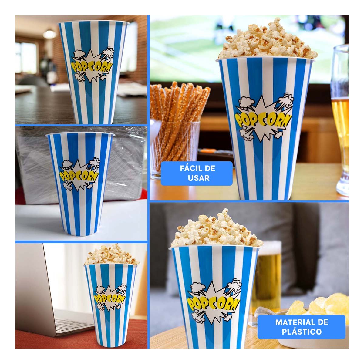 PACK2 ENVASE POPCORN 11,3X17X6,9CM AZUL PARA CINE Y EVENTOS EN CASA Y+PAPEL REGALO - 3