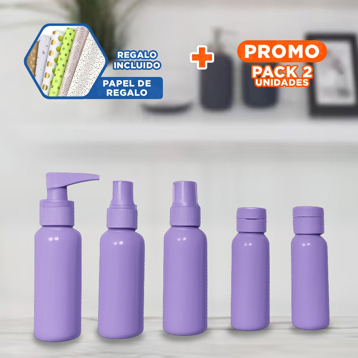 JUEGO DE FRASCOS PORTATILES 7 PIEZAS LILA PARA PRODUCTOS LIQUIDOS Y HIGIENICOS - 1