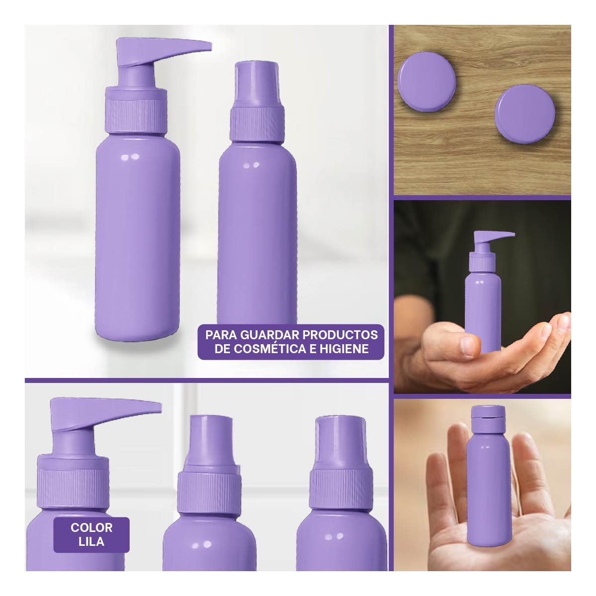 JUEGO DE FRASCOS PORTATILES 7 PIEZAS LILA PARA PRODUCTOS LIQUIDOS Y HIGIENICOS - 5