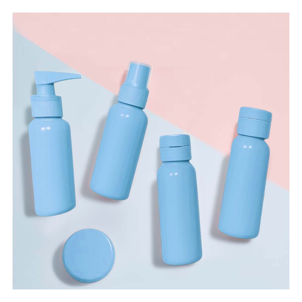 JUEGO DE FRASCOS PORTATILES 7 PIEZAS CELESTE PARA PRODUCTOS LIQUIDOS Y HIGIENICOS - 1