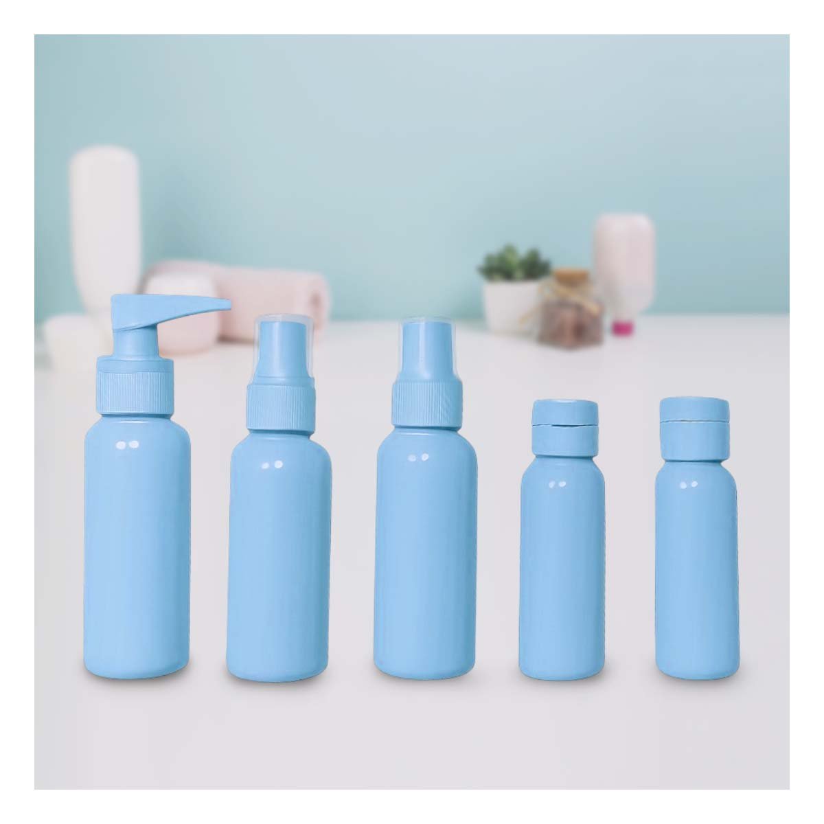 JUEGO DE FRASCOS PORTATILES 7 PIEZAS CELESTE PARA PRODUCTOS LIQUIDOS Y HIGIENICOS - 2
